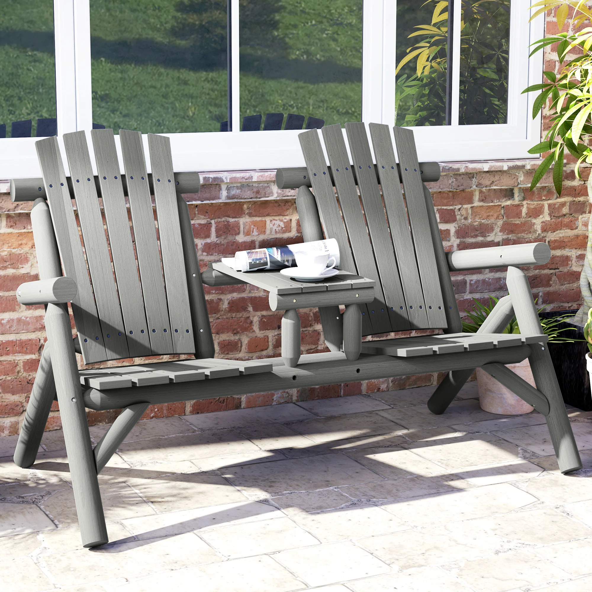 2 Seater Wooden Patio Chair with Centre Coffee Table, Garden Lounge Bench, Grey - Image 3
