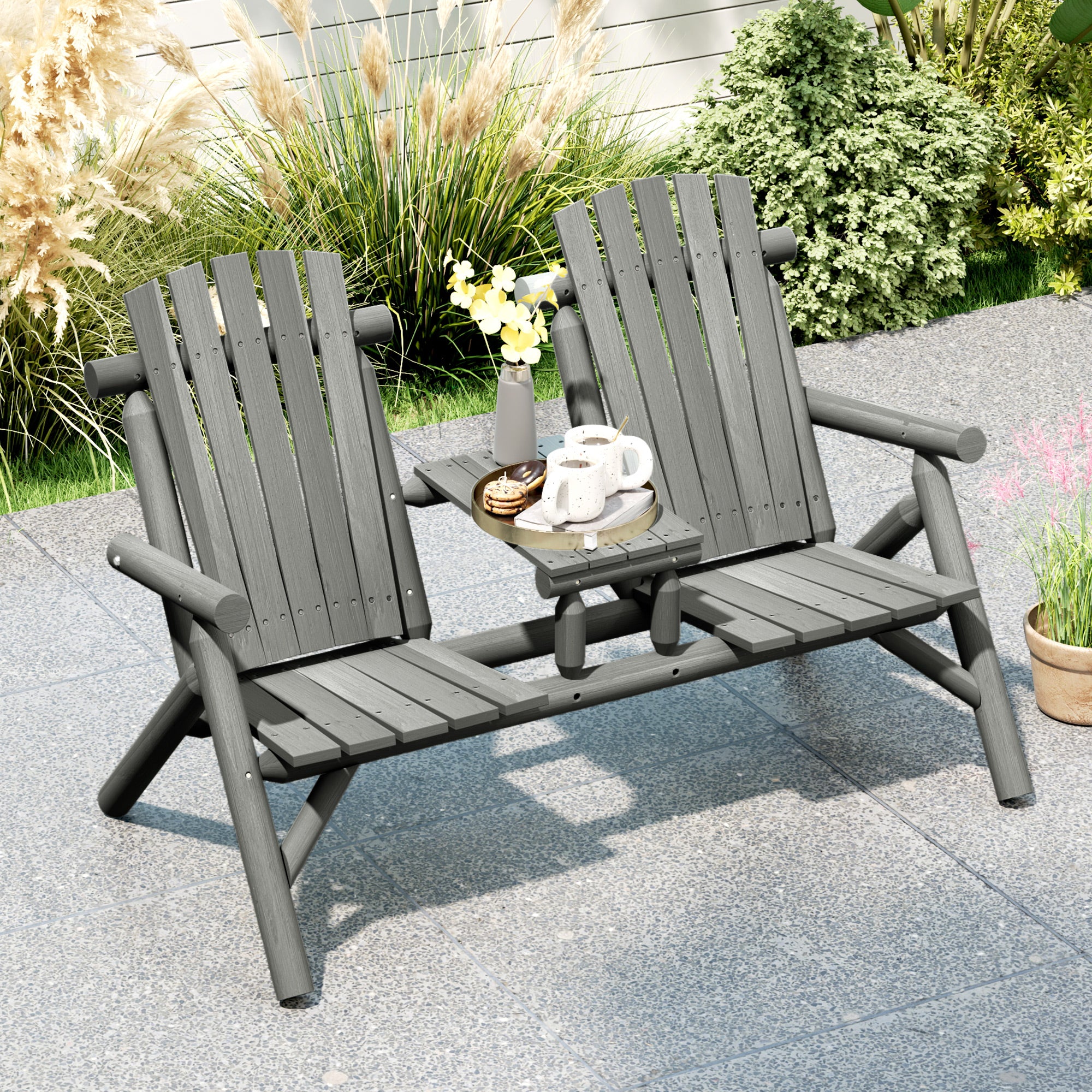 2 Seater Wooden Patio Chair with Centre Coffee Table, Garden Lounge Bench, Grey - Image 4