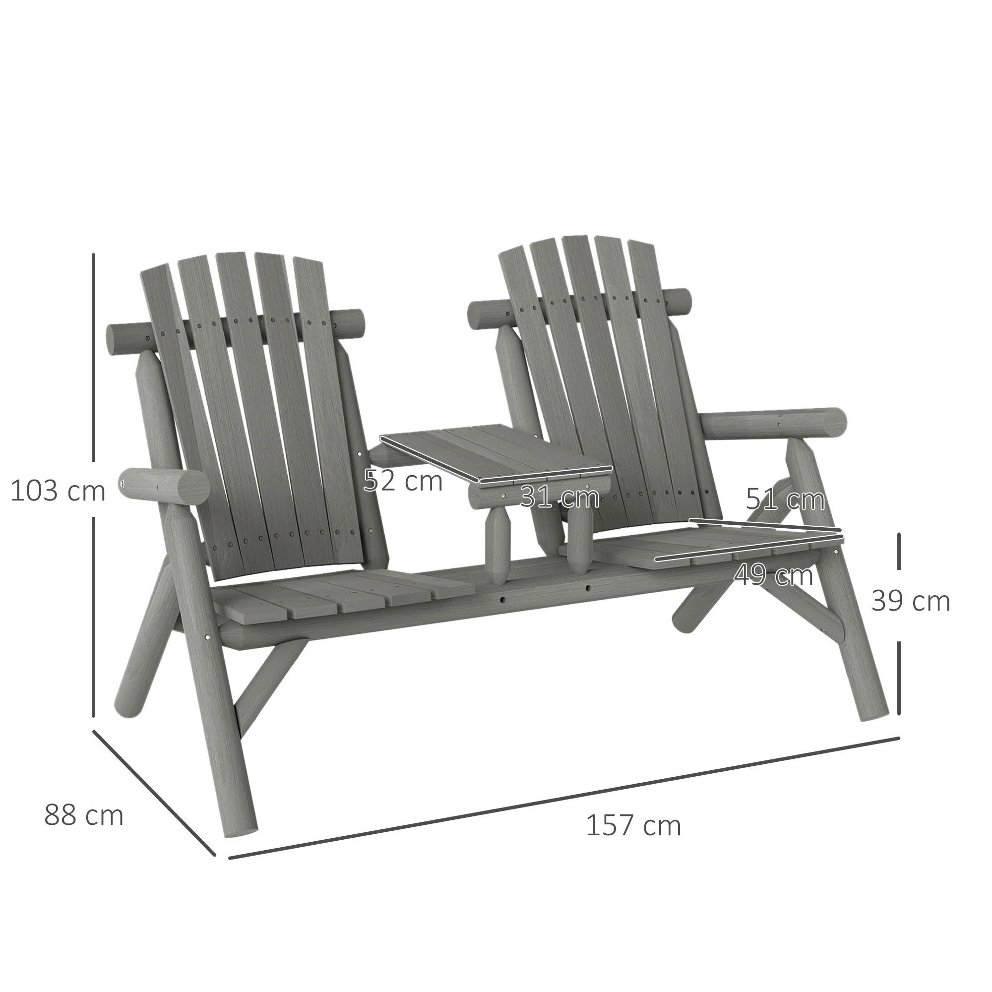 2 Seater Wooden Patio Chair with Centre Coffee Table, Garden Lounge Bench, Grey - Image 5