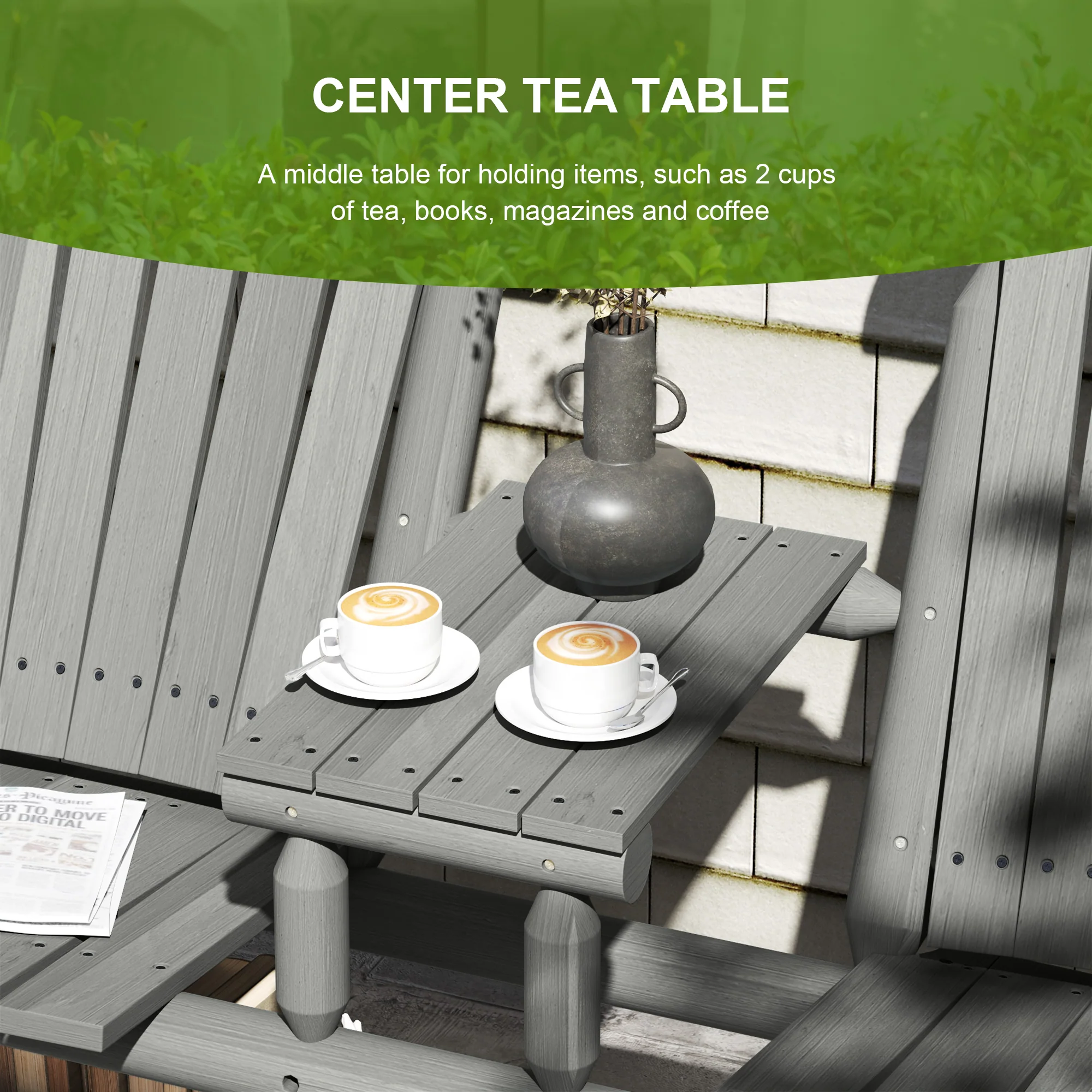 2 Seater Wooden Patio Chair with Centre Coffee Table, Garden Lounge Bench, Grey - Image 8