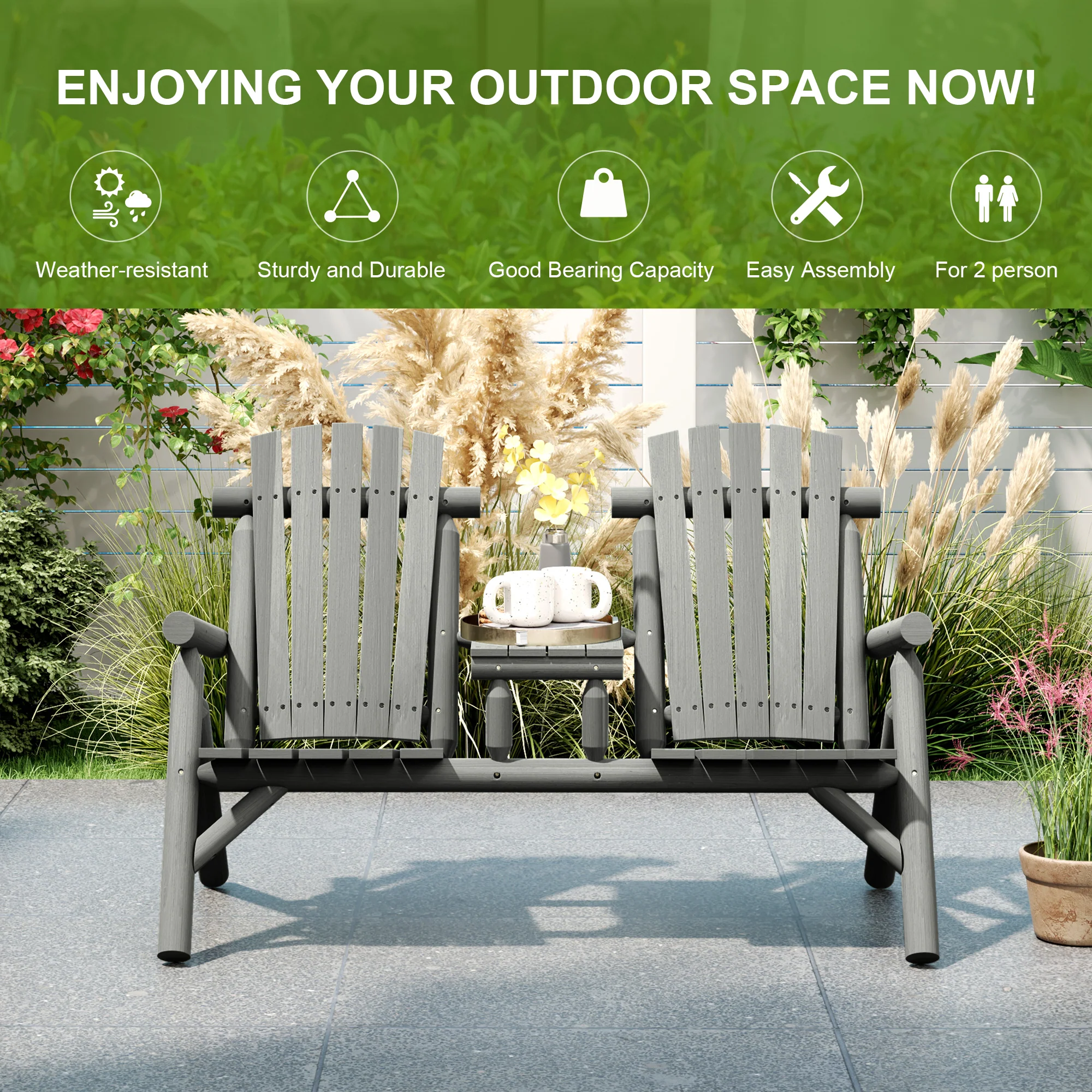 2 Seater Wooden Patio Chair with Centre Coffee Table, Garden Lounge Bench, Grey - Image 9