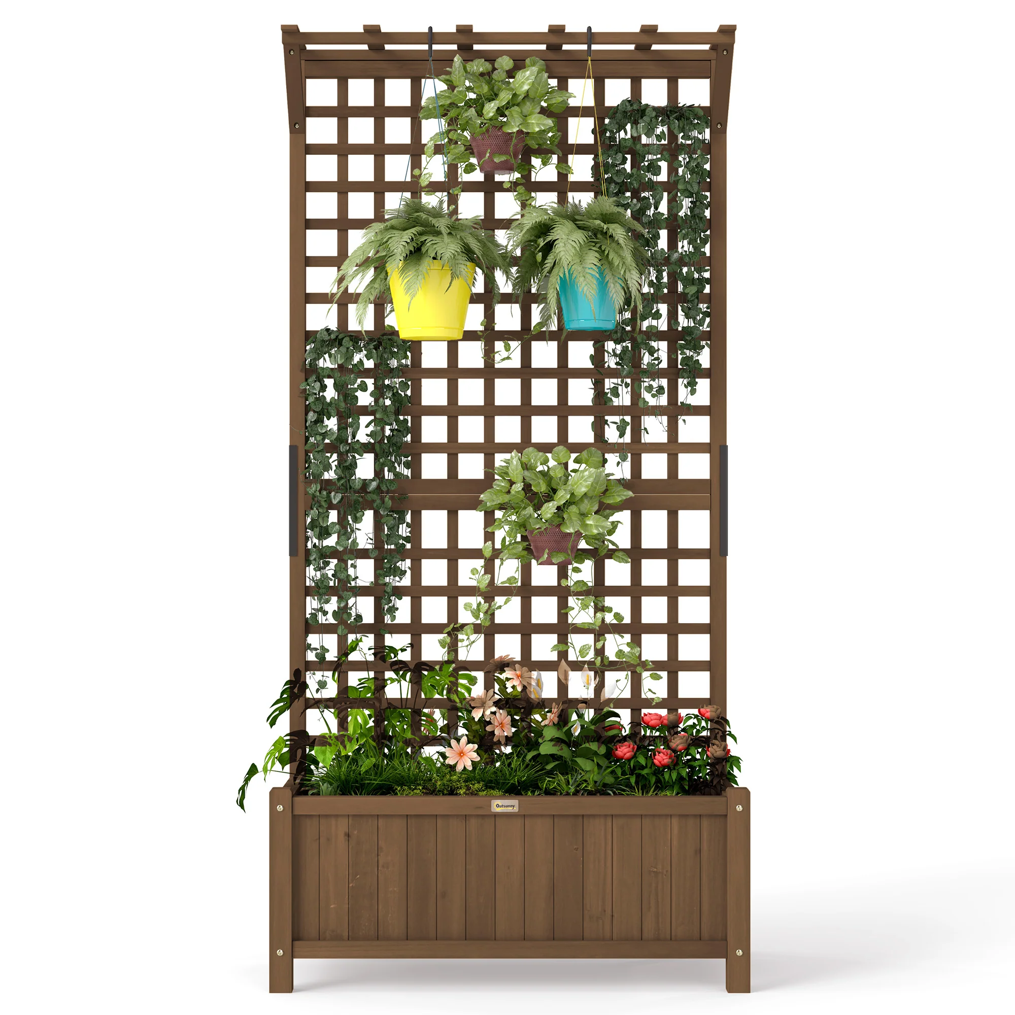 Wood Planter with Trellis for Climbing Plants, Planter Box with Drainage Holes, Brown - Image 2