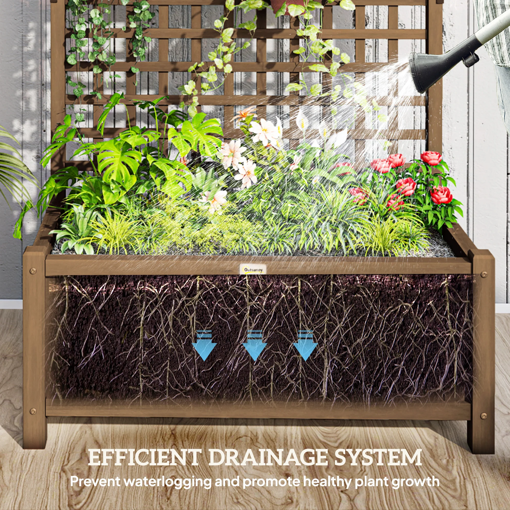 Wood Planter with Trellis for Climbing Plants, Planter Box with Drainage Holes, Brown - Image 8