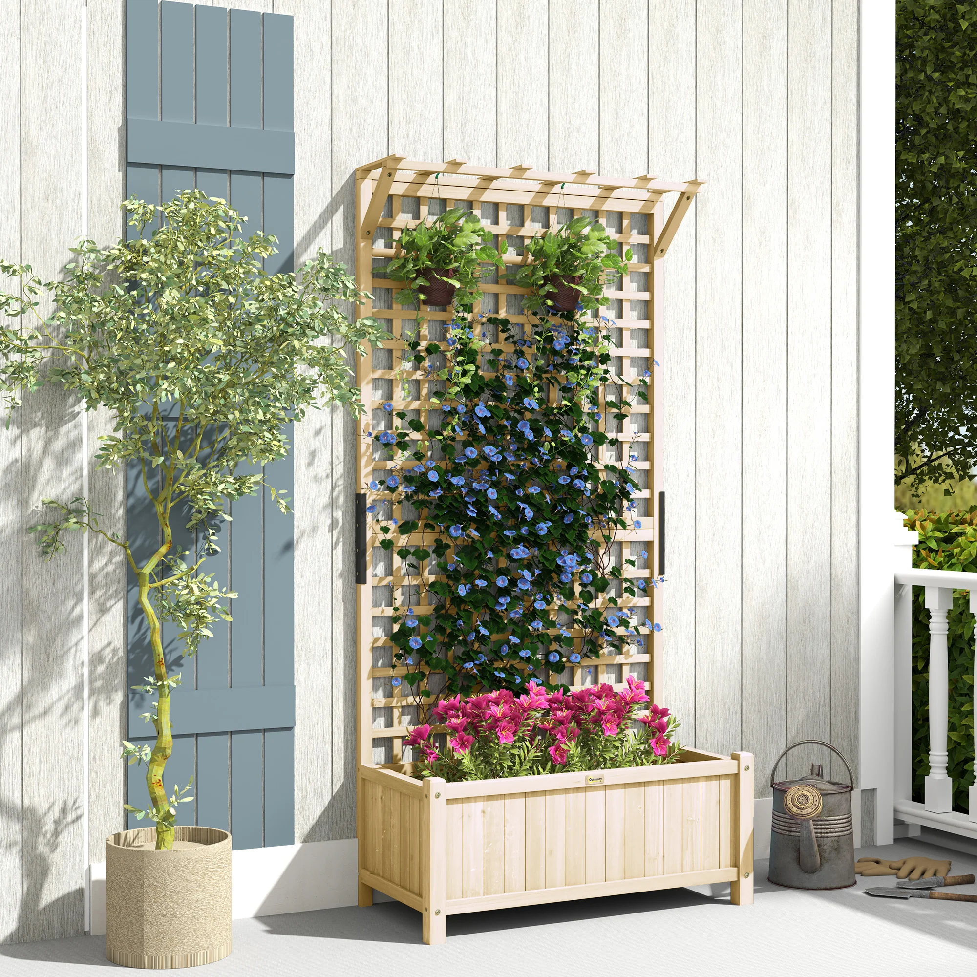Wood Planter with Trellis and Drainage Holes to Grow Vegetables, Herbs and Flowers for Garden, Patio, Natural Wood Finish - Image 4
