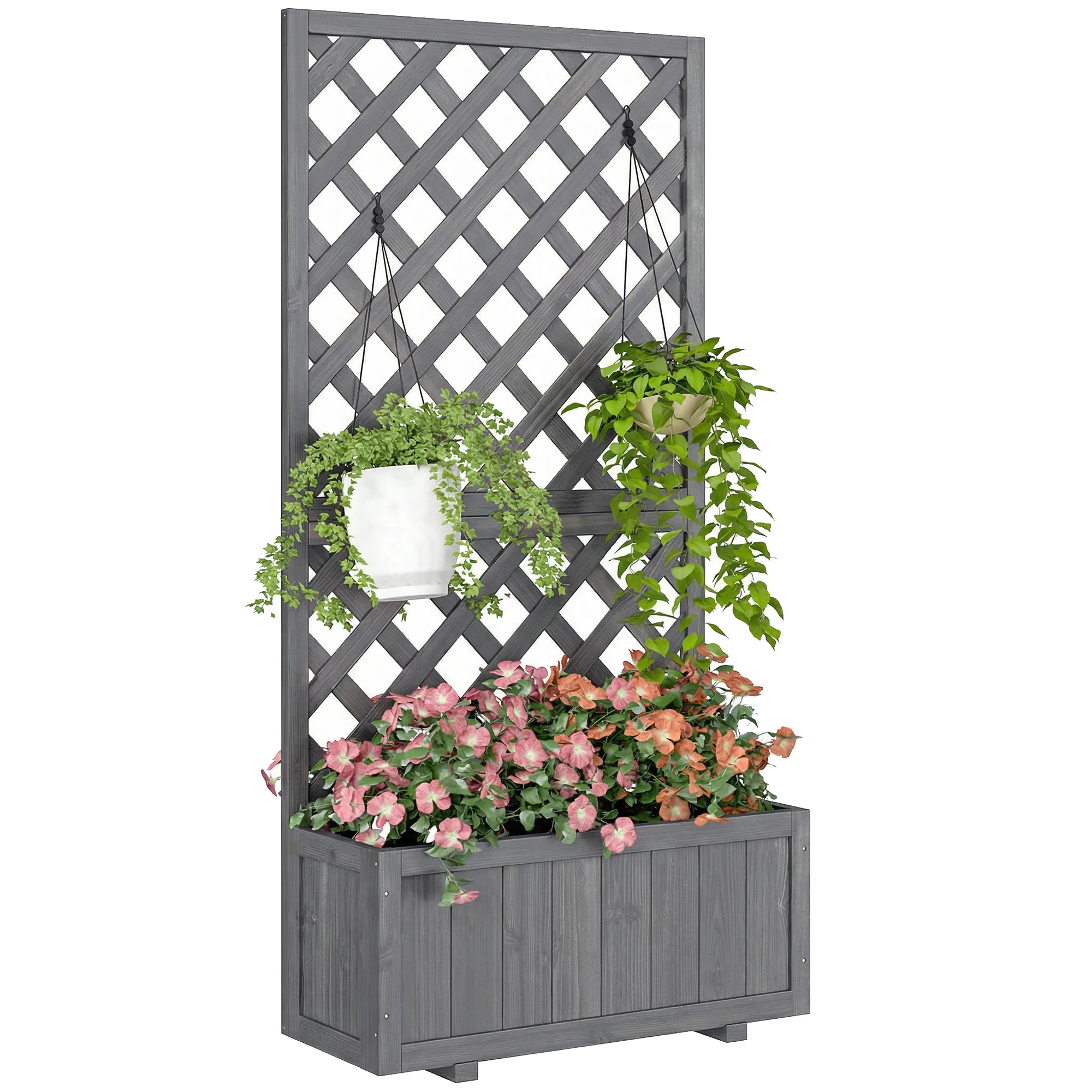 Wood Planter with Trellis and Drainage Holes, Grey