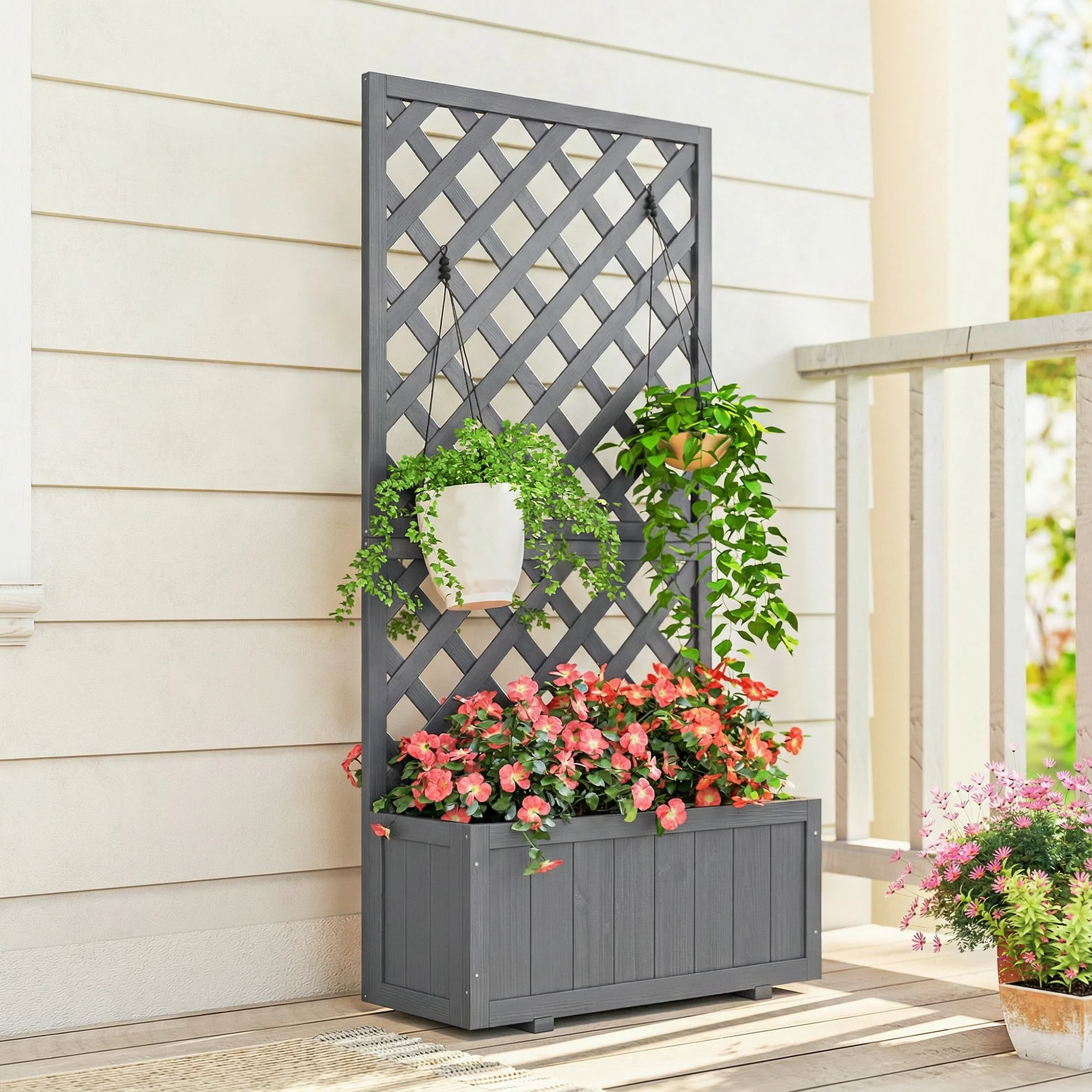 Wood Planter with Trellis and Drainage Holes, Grey - Image 10