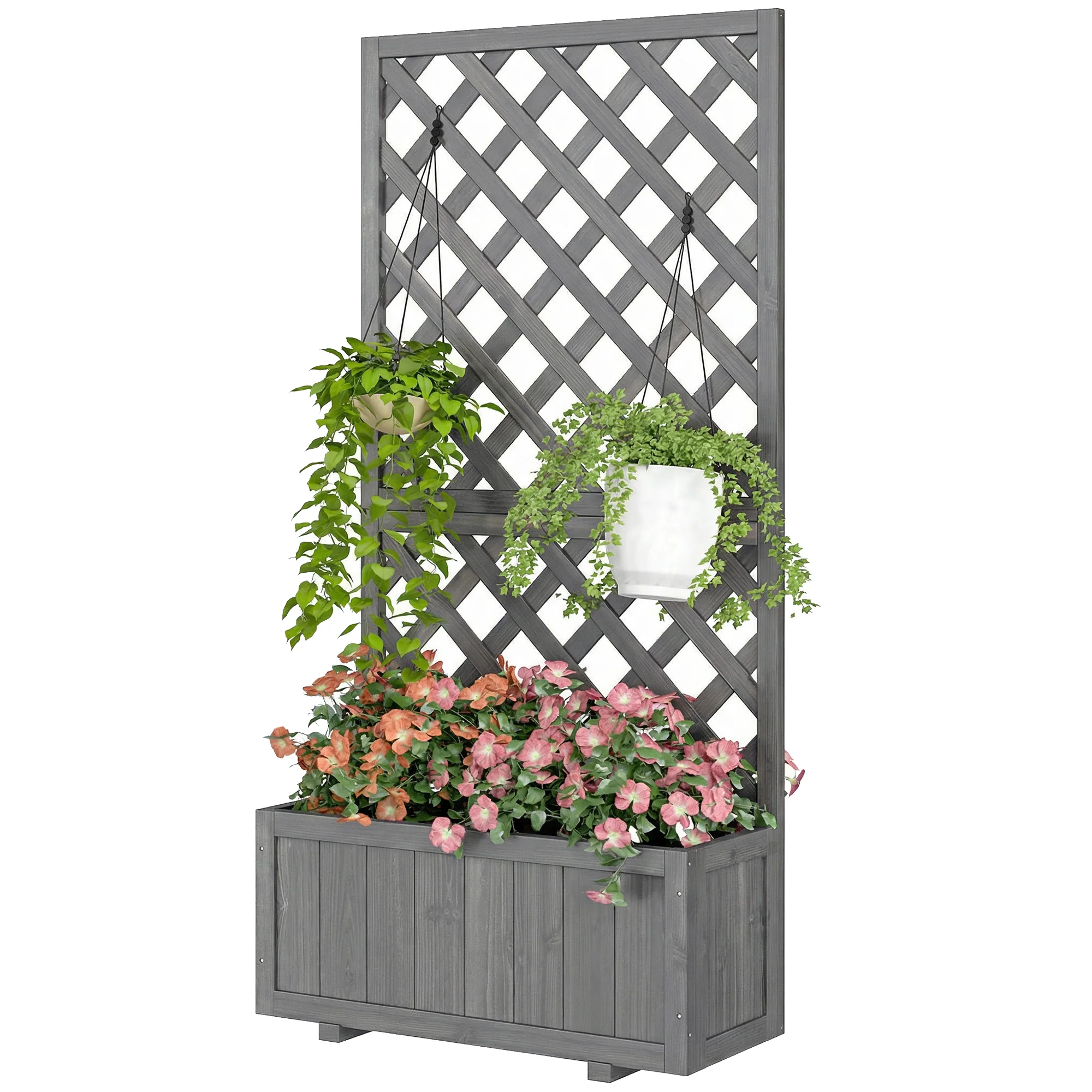 Wood Planter with Trellis and Drainage Holes, Grey - Image 2