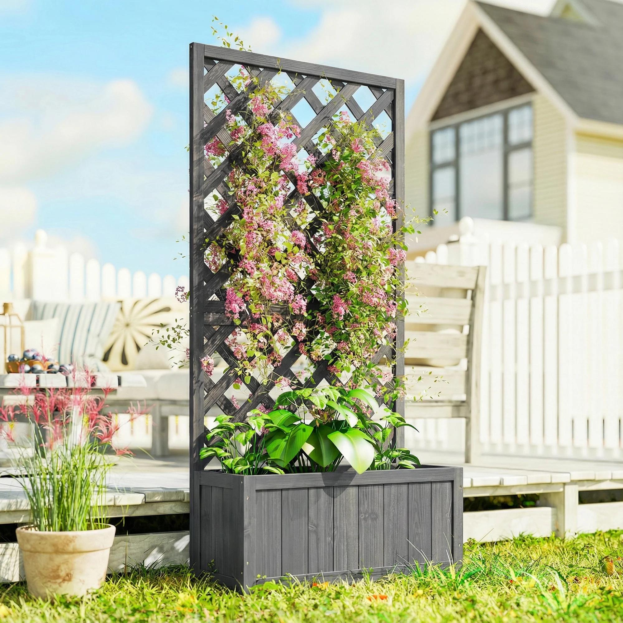 Wood Planter with Trellis and Drainage Holes, Grey - Image 3