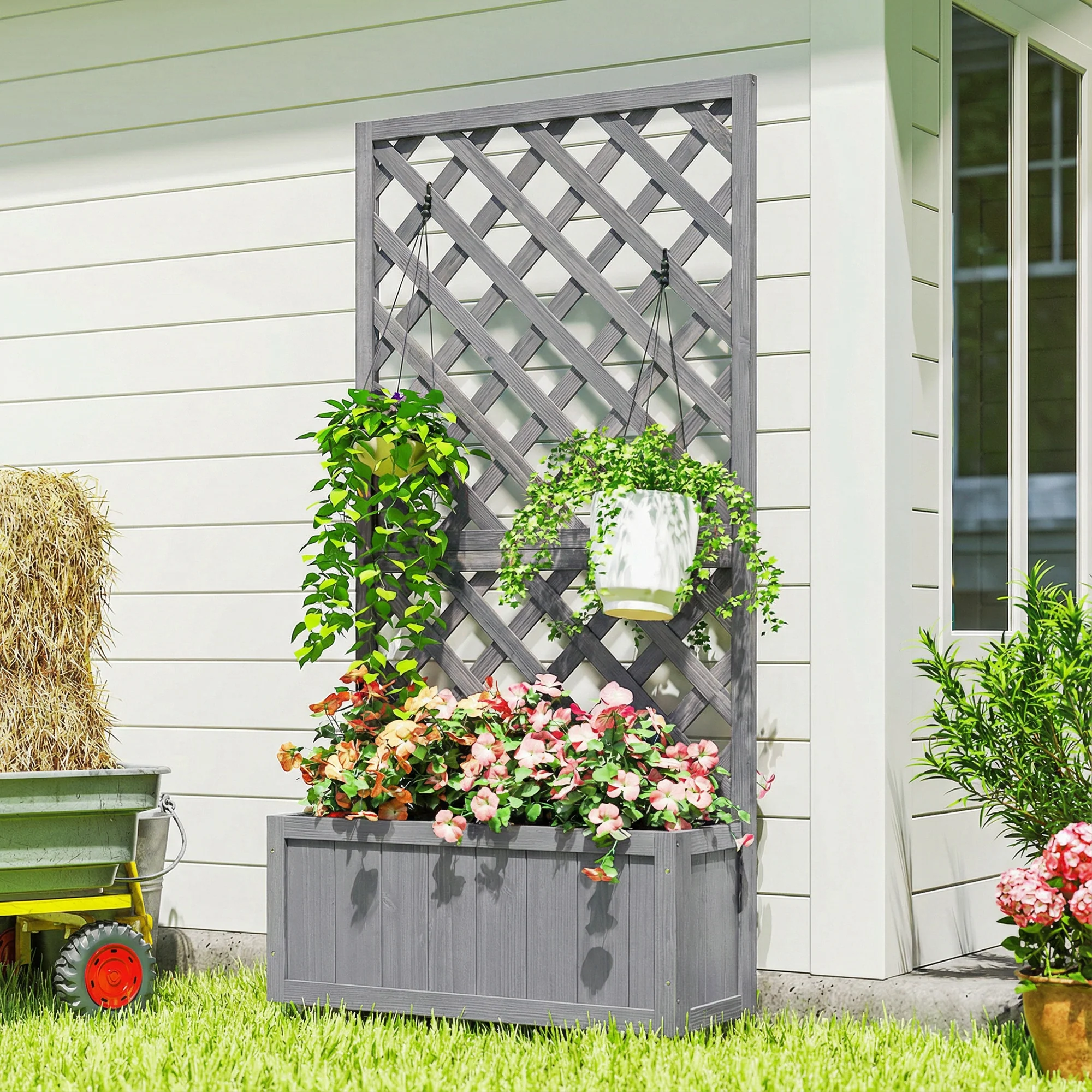 Wood Planter with Trellis and Drainage Holes, Grey - Image 4