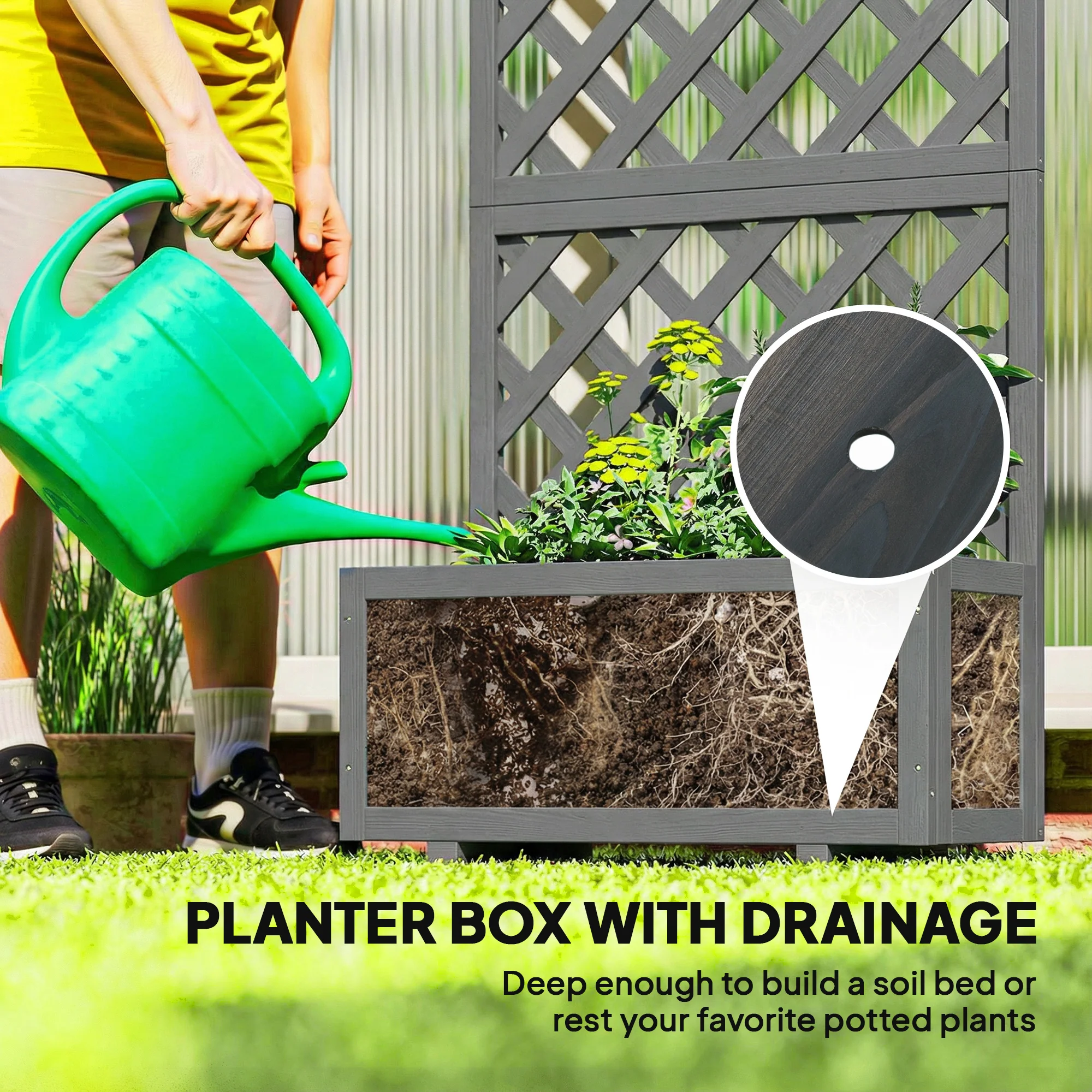 Wood Planter with Trellis and Drainage Holes, Grey - Image 7
