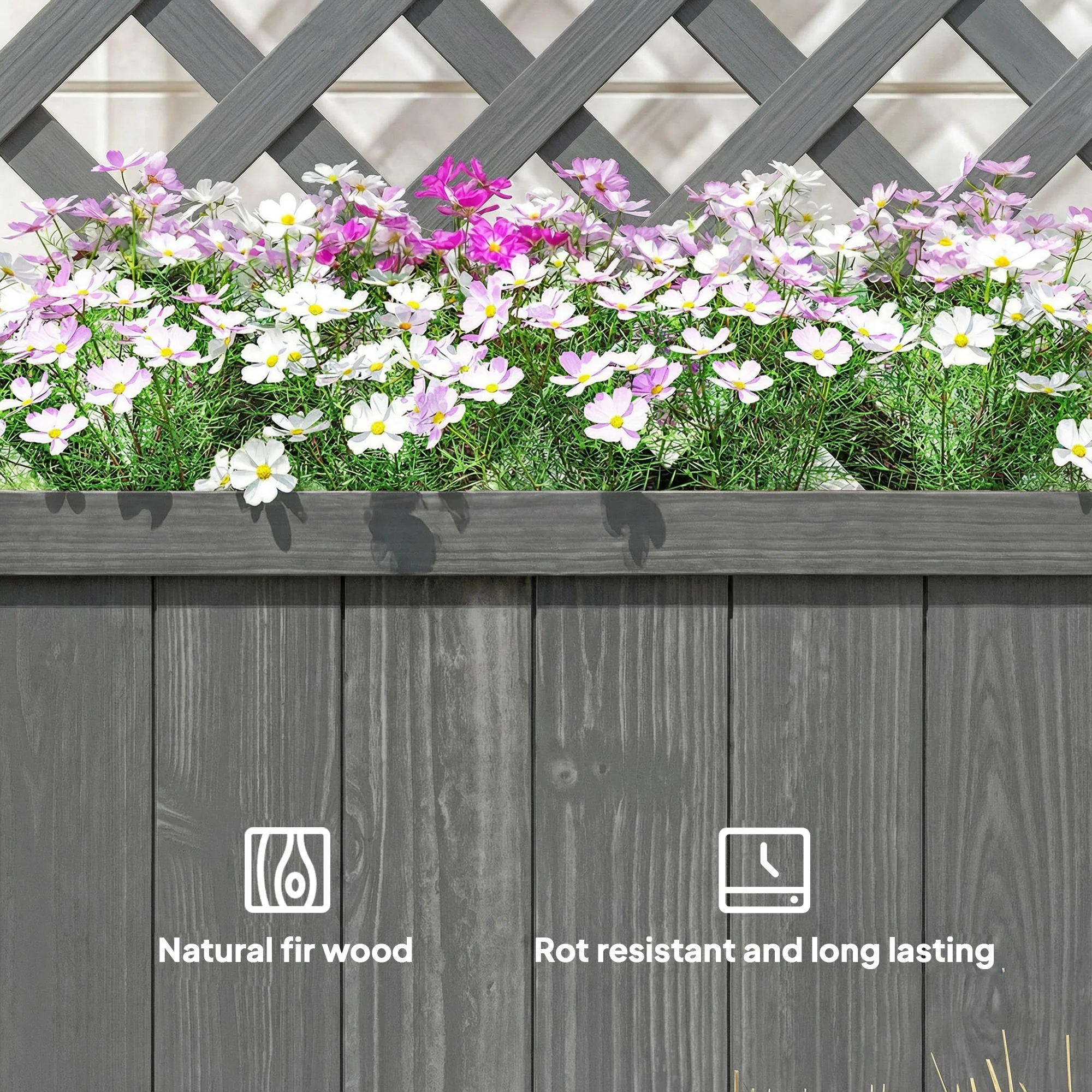 Wood Planter with Trellis and Drainage Holes, Grey - Image 9