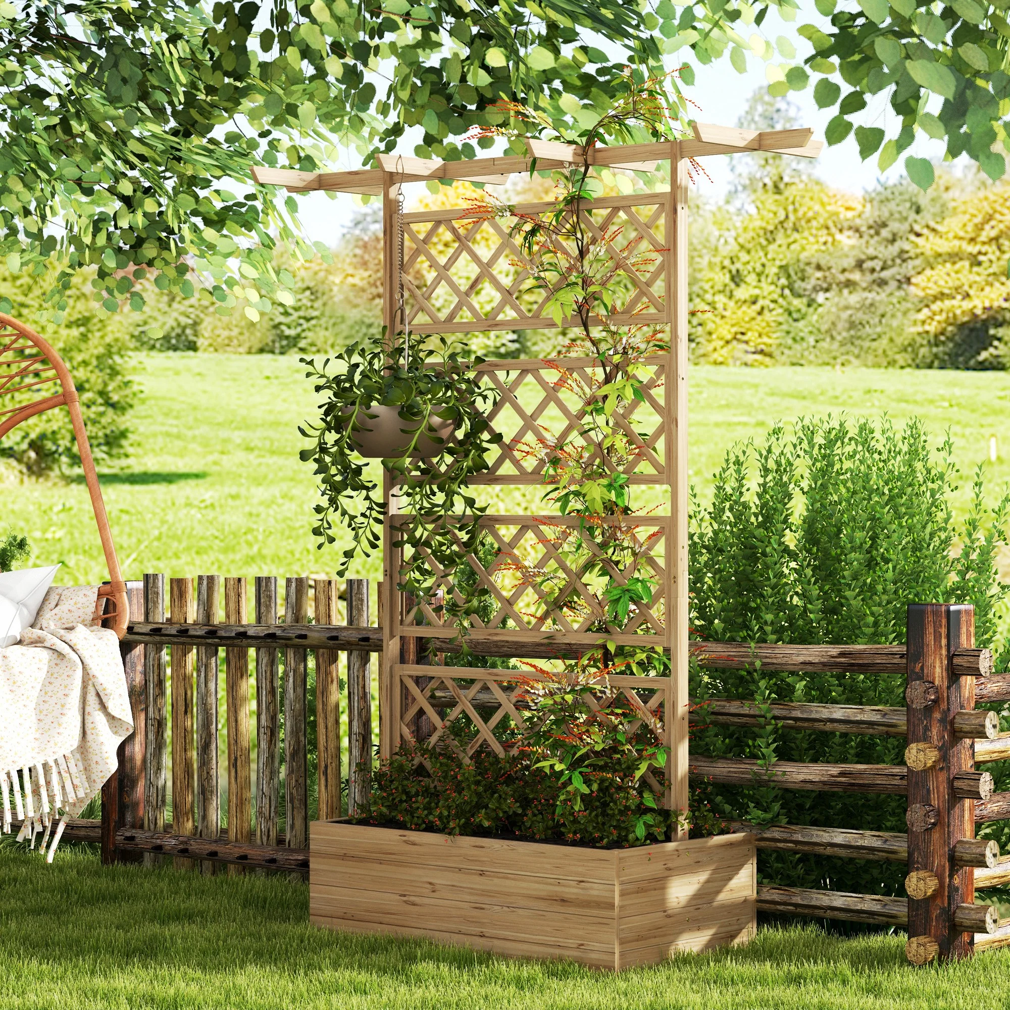 Wood Planter with Trellis, Privacy Screen Planter Box to Grow Vegetables, Herbs and Flowers, Natural - Image 3