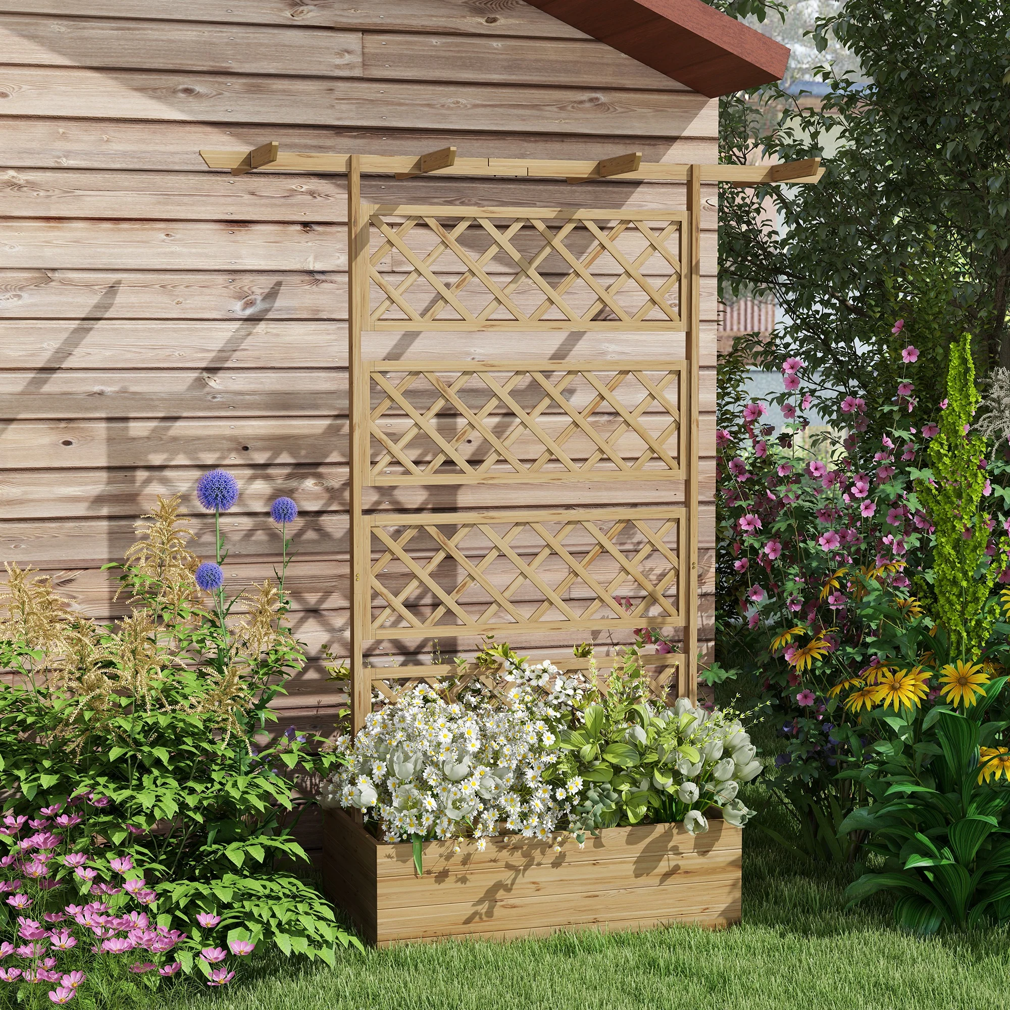 Wood Planter with Trellis, Privacy Screen Planter Box to Grow Vegetables, Herbs and Flowers, Natural - Image 4