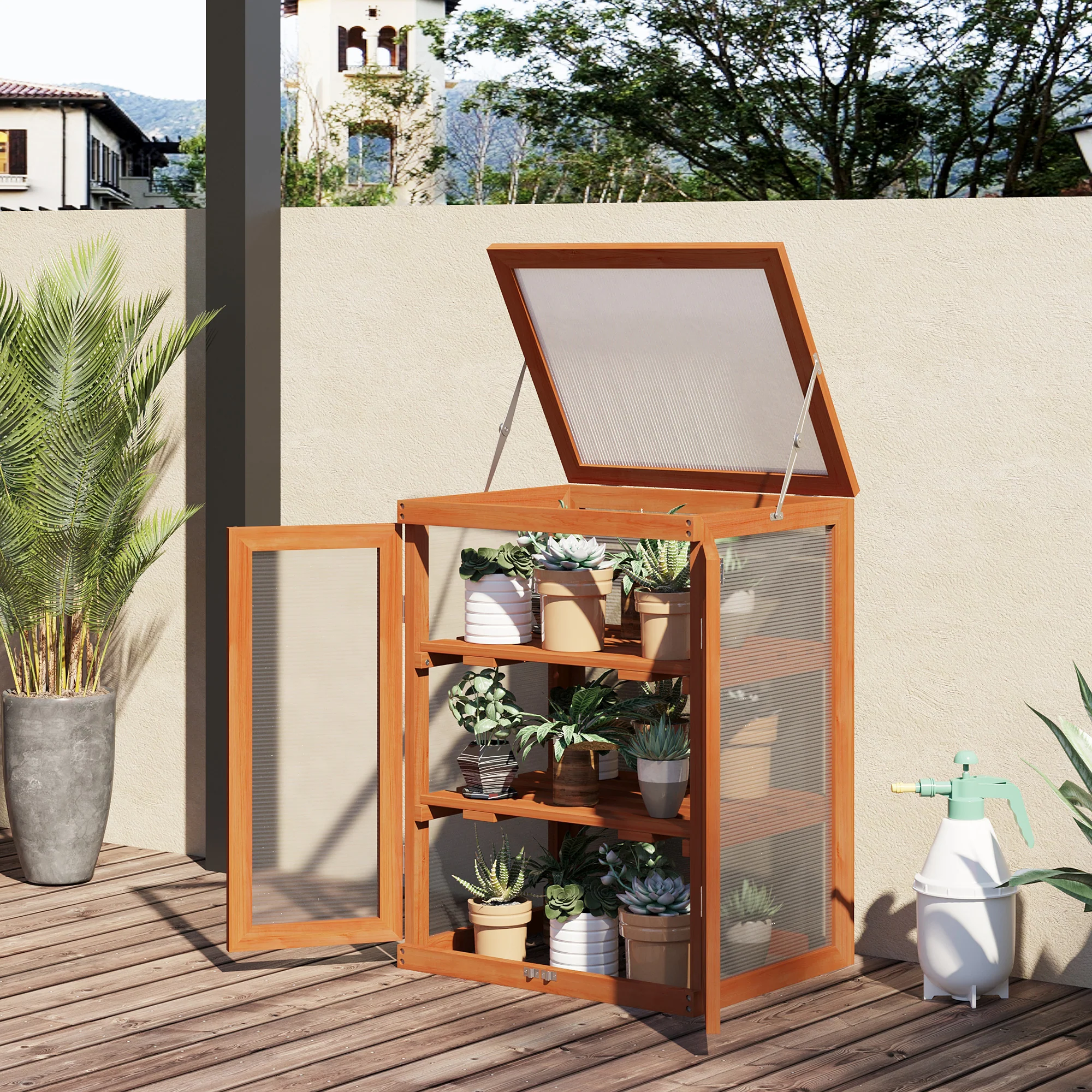 Wooden 2 Tier Cold Frame Greenhouse with Polycarbonate Panels, Orange - Image 3
