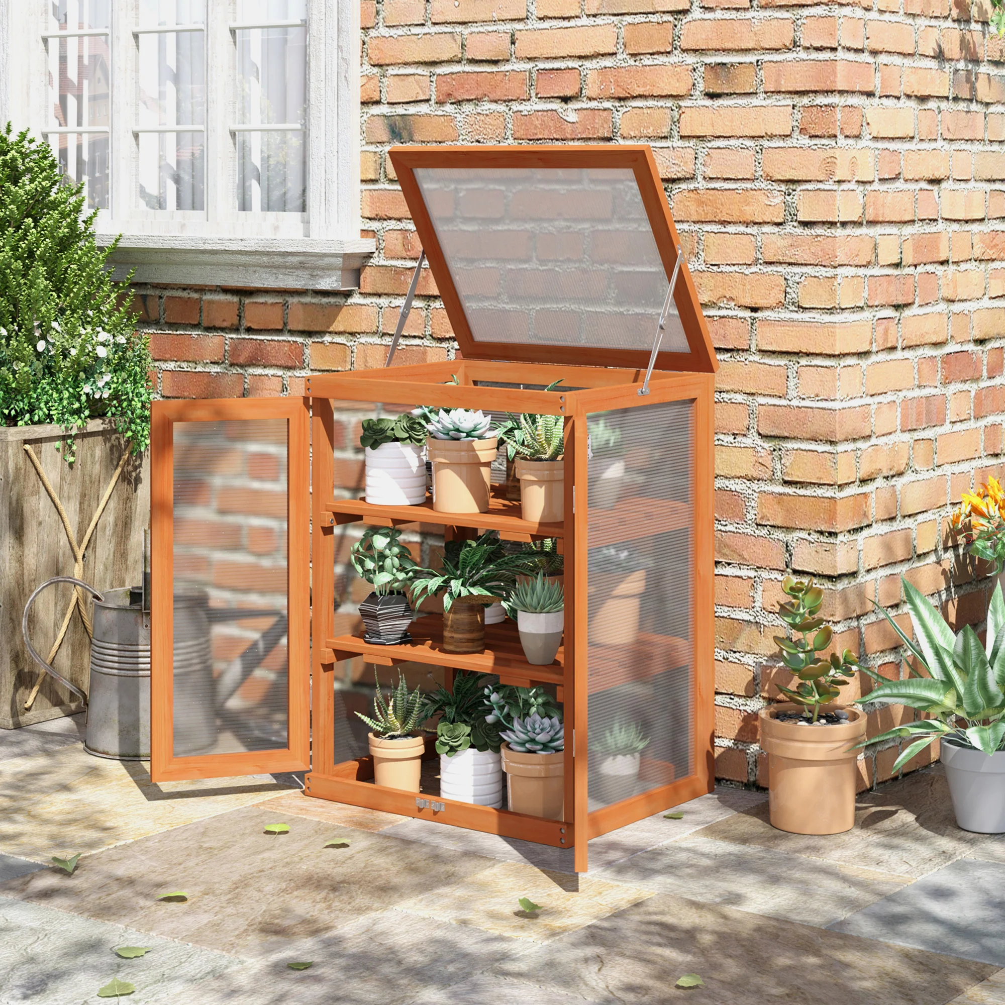 Wooden 2 Tier Cold Frame Greenhouse with Polycarbonate Panels, Orange - Image 4