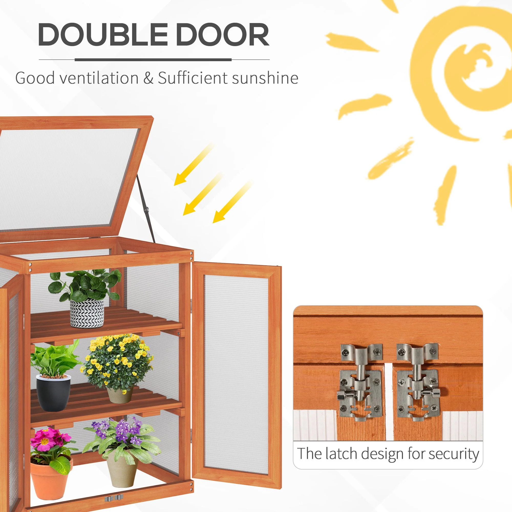 Wooden 2 Tier Cold Frame Greenhouse with Polycarbonate Panels, Orange - Image 7