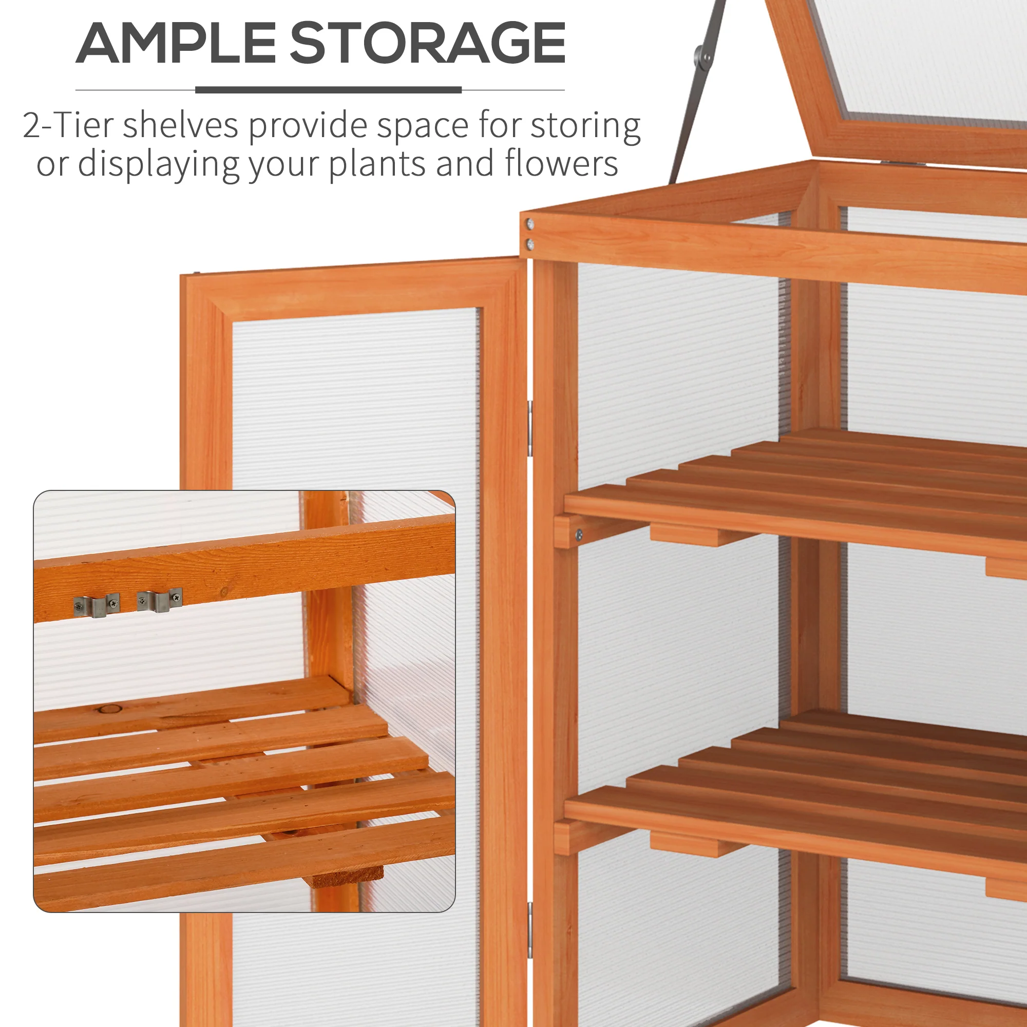 Wooden 2 Tier Cold Frame Greenhouse with Polycarbonate Panels, Orange - Image 8