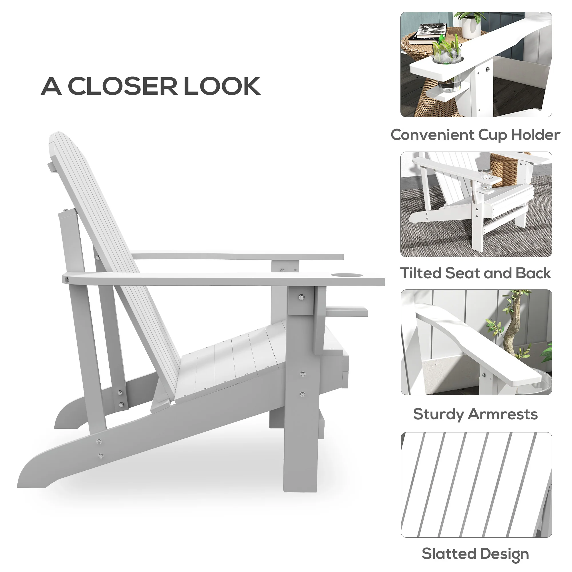 Wooden Adirondack Chair with Cup Holder, White - Image 7