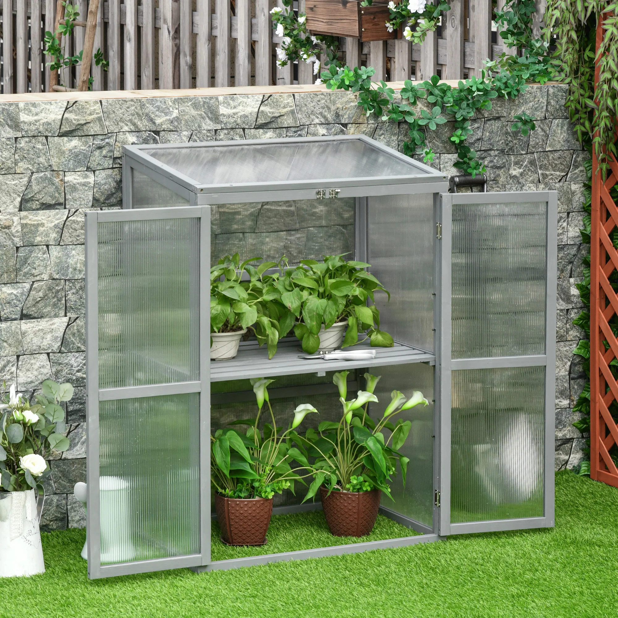 Wooden Cold Frame Greenhouse with Adjustable Shelf & Double Doors for Plants, Light Grey - Image 3