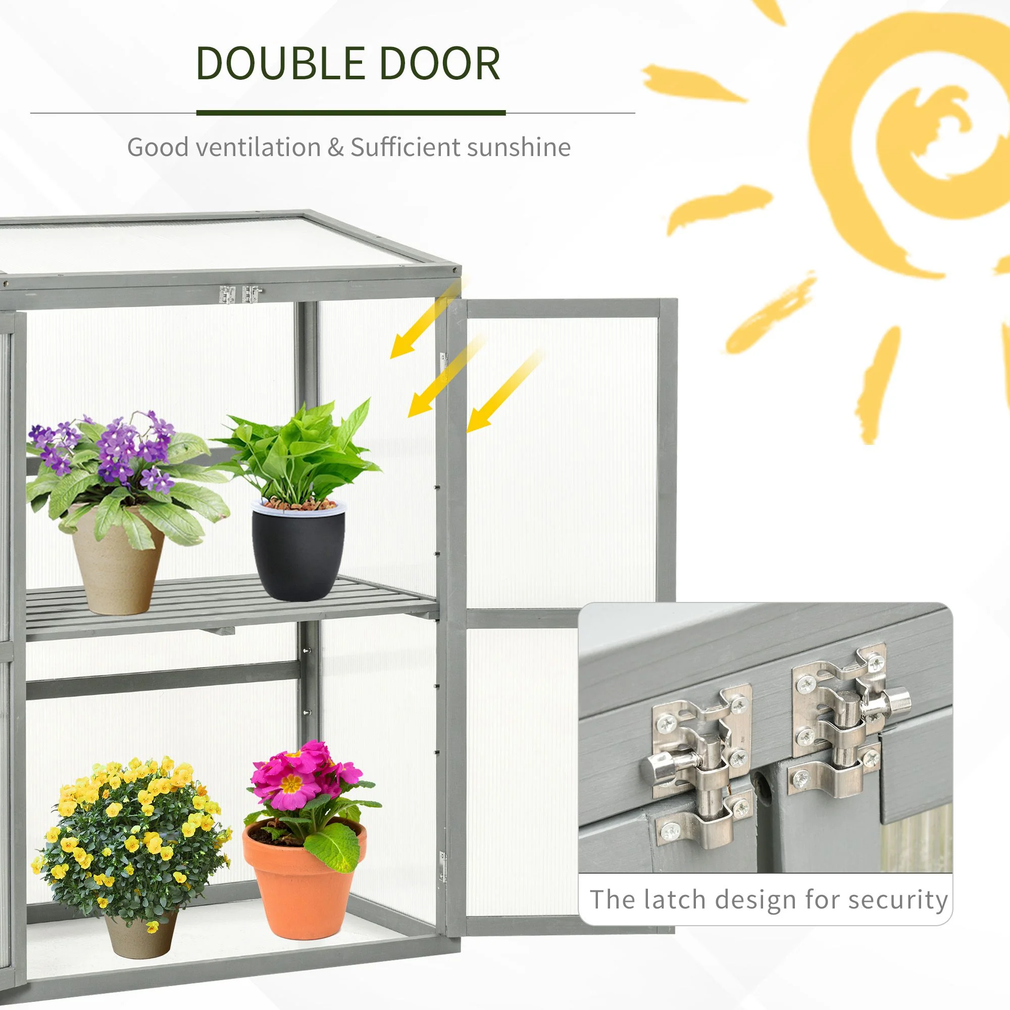 Wooden Cold Frame Greenhouse with Adjustable Shelf & Double Doors for Plants, Light Grey - Image 7