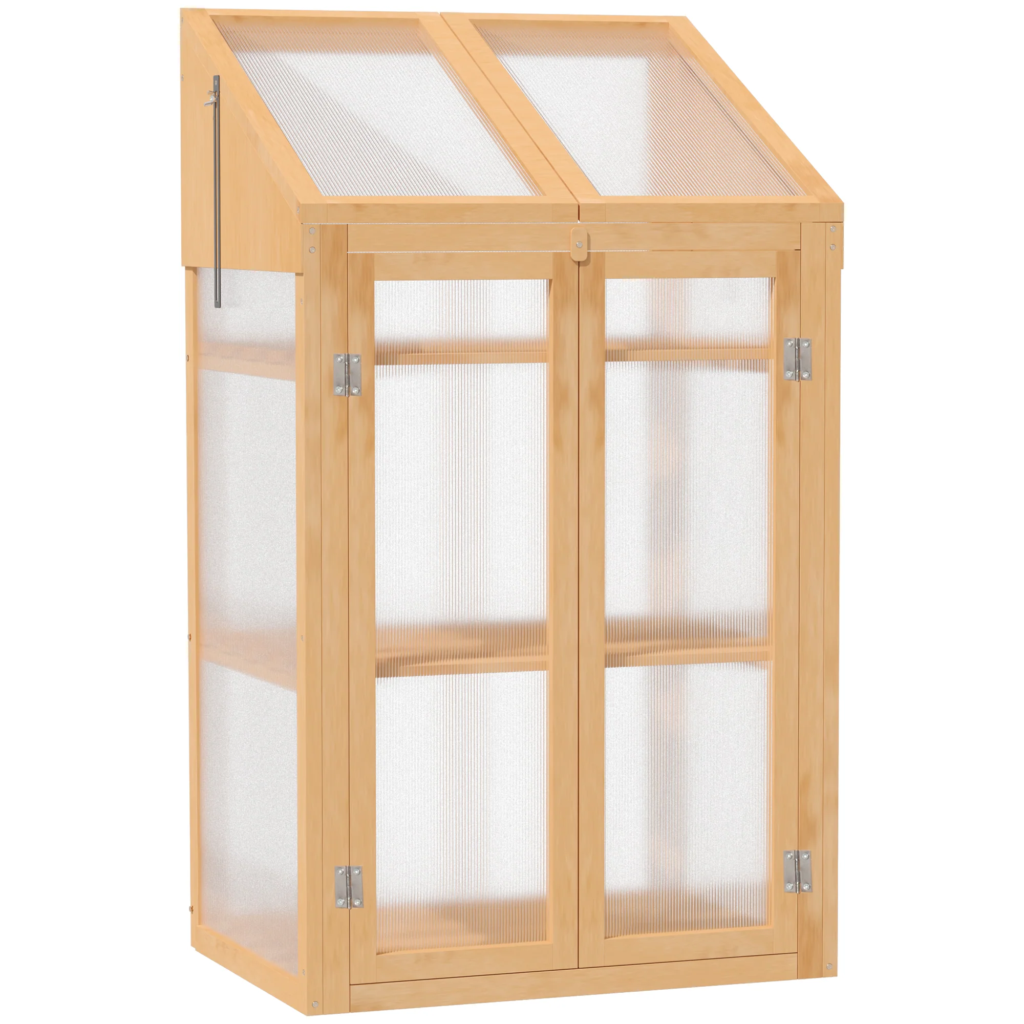 Wooden Cold Frame Polycarbonate Greenhouse w/ Openable Top Cover & Double Door, 70x50 x120cm, Brown - Image 12