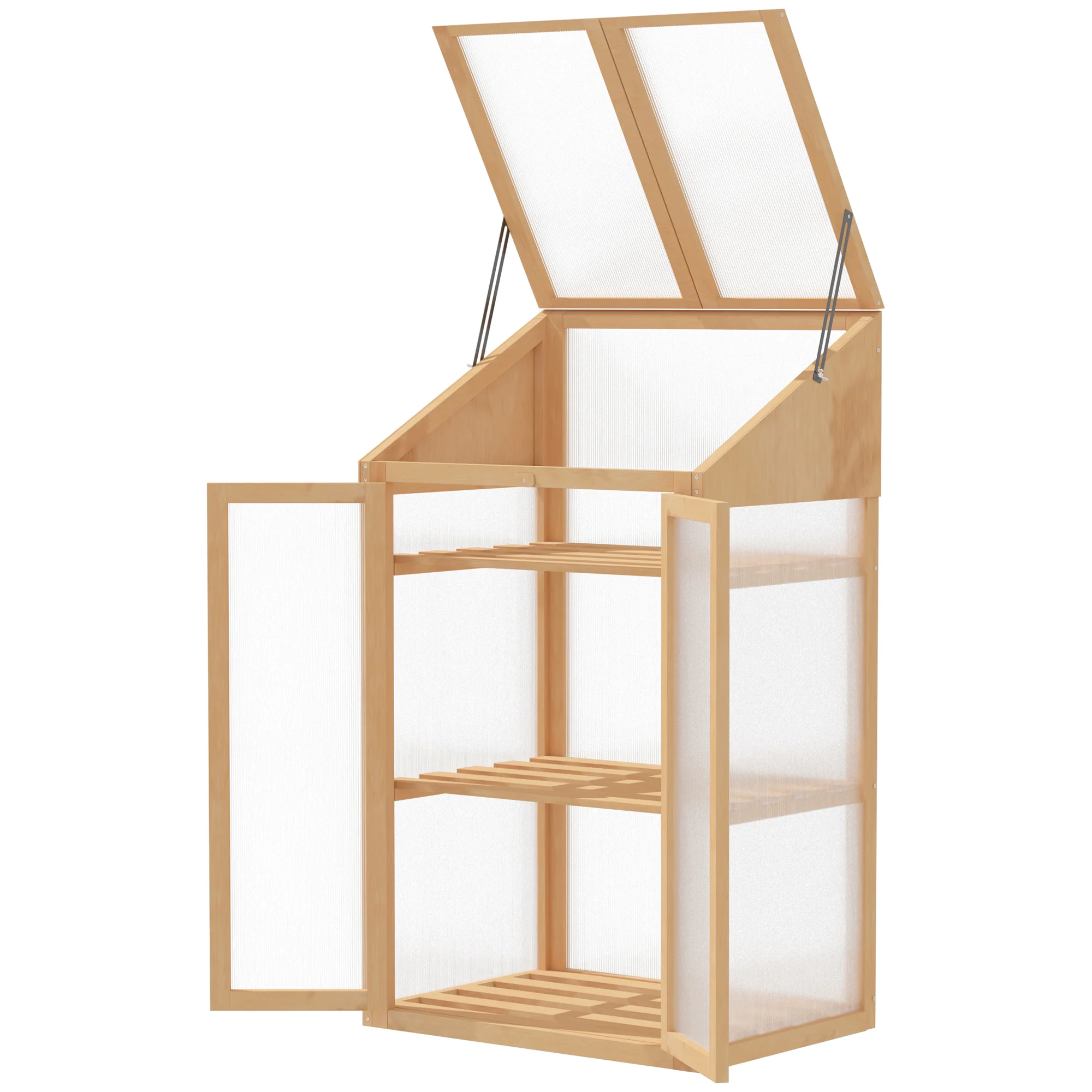 Wooden Cold Frame Polycarbonate Greenhouse w/ Openable Top Cover & Double Door, 70x50 x120cm, Brown - Image 2