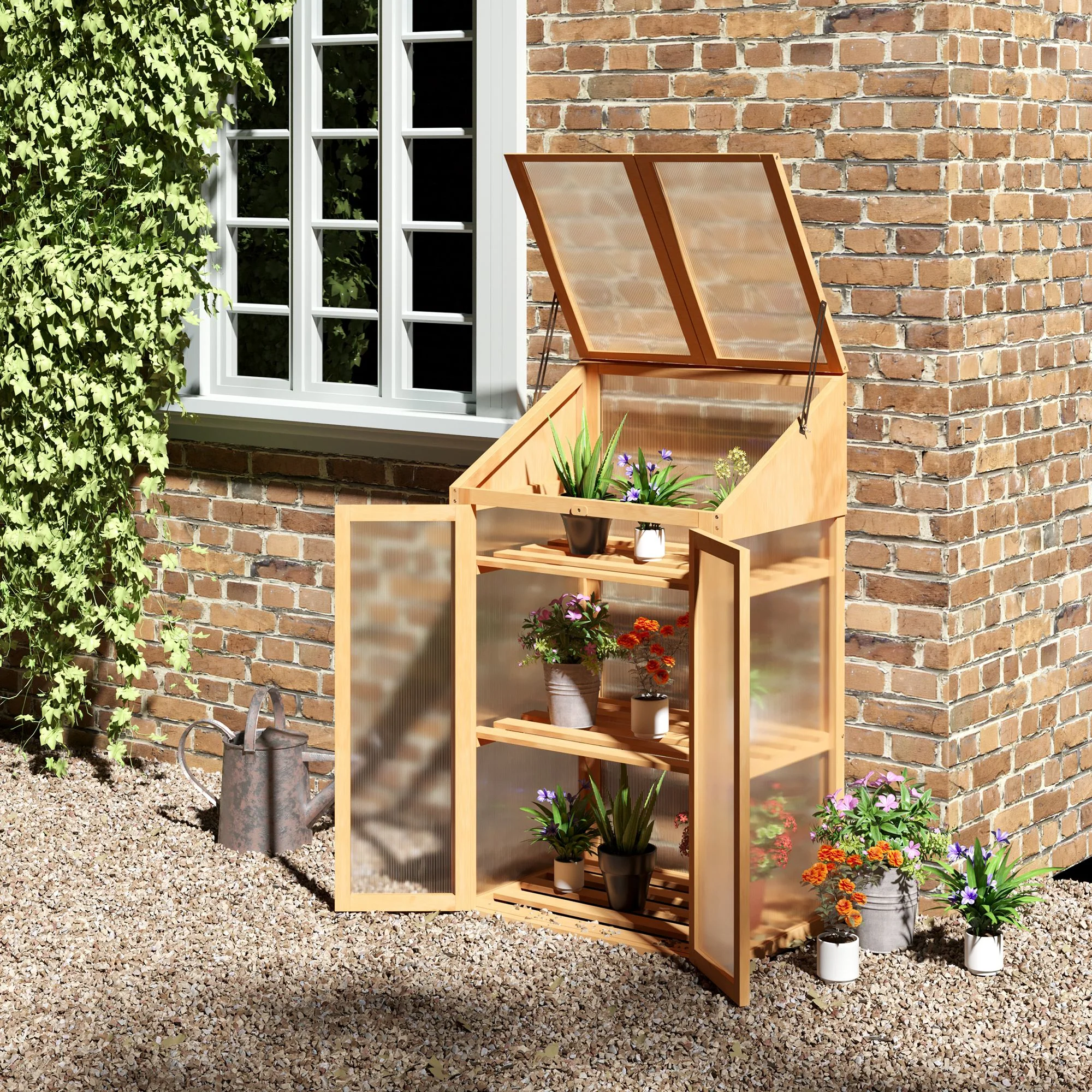 Wooden Cold Frame Polycarbonate Greenhouse w/ Openable Top Cover & Double Door, 70x50 x120cm, Brown - Image 3