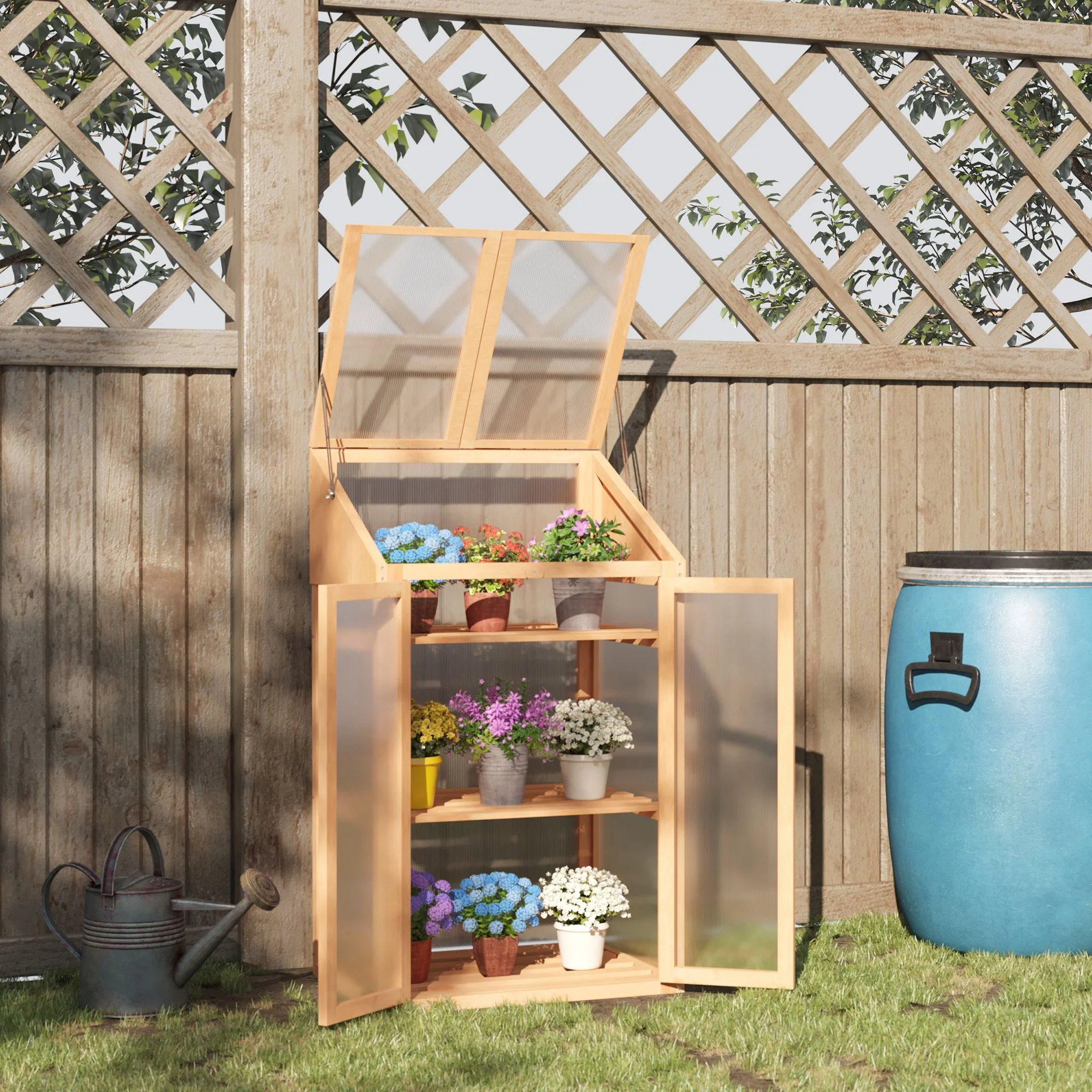 Wooden Cold Frame Polycarbonate Greenhouse w/ Openable Top Cover & Double Door, 70x50 x120cm, Brown - Image 4