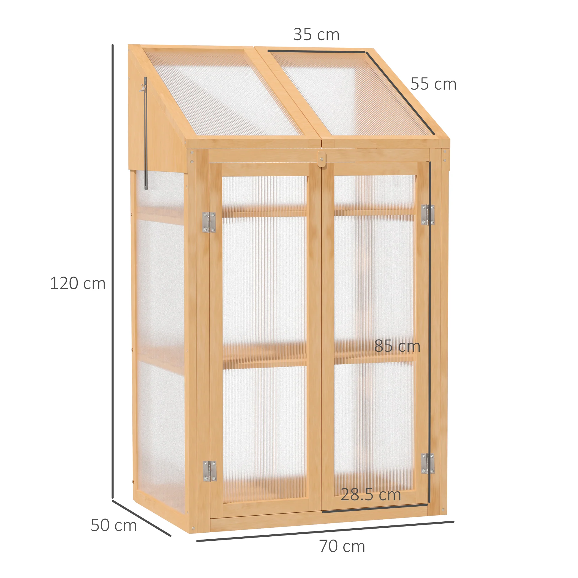 Wooden Cold Frame Polycarbonate Greenhouse w/ Openable Top Cover & Double Door, 70x50 x120cm, Brown - Image 5