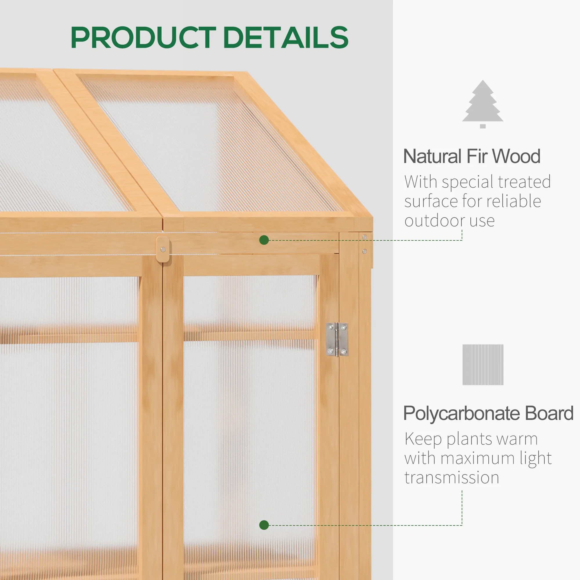 Wooden Cold Frame Polycarbonate Greenhouse w/ Openable Top Cover & Double Door, 70x50 x120cm, Brown - Image 6