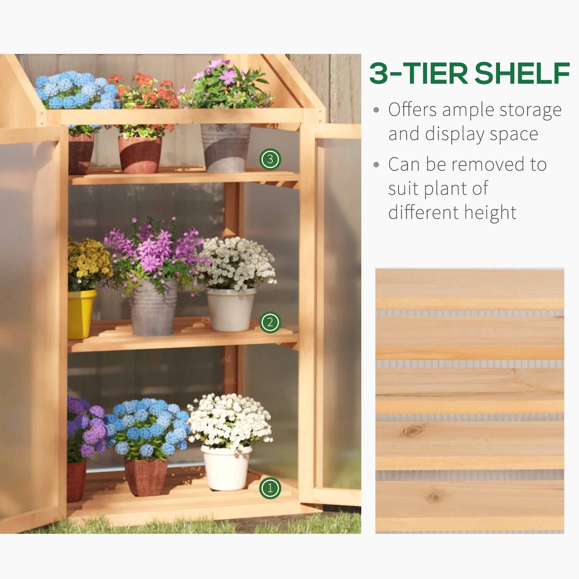 Wooden Cold Frame Polycarbonate Greenhouse w/ Openable Top Cover & Double Door, 70x50 x120cm, Brown - Image 7