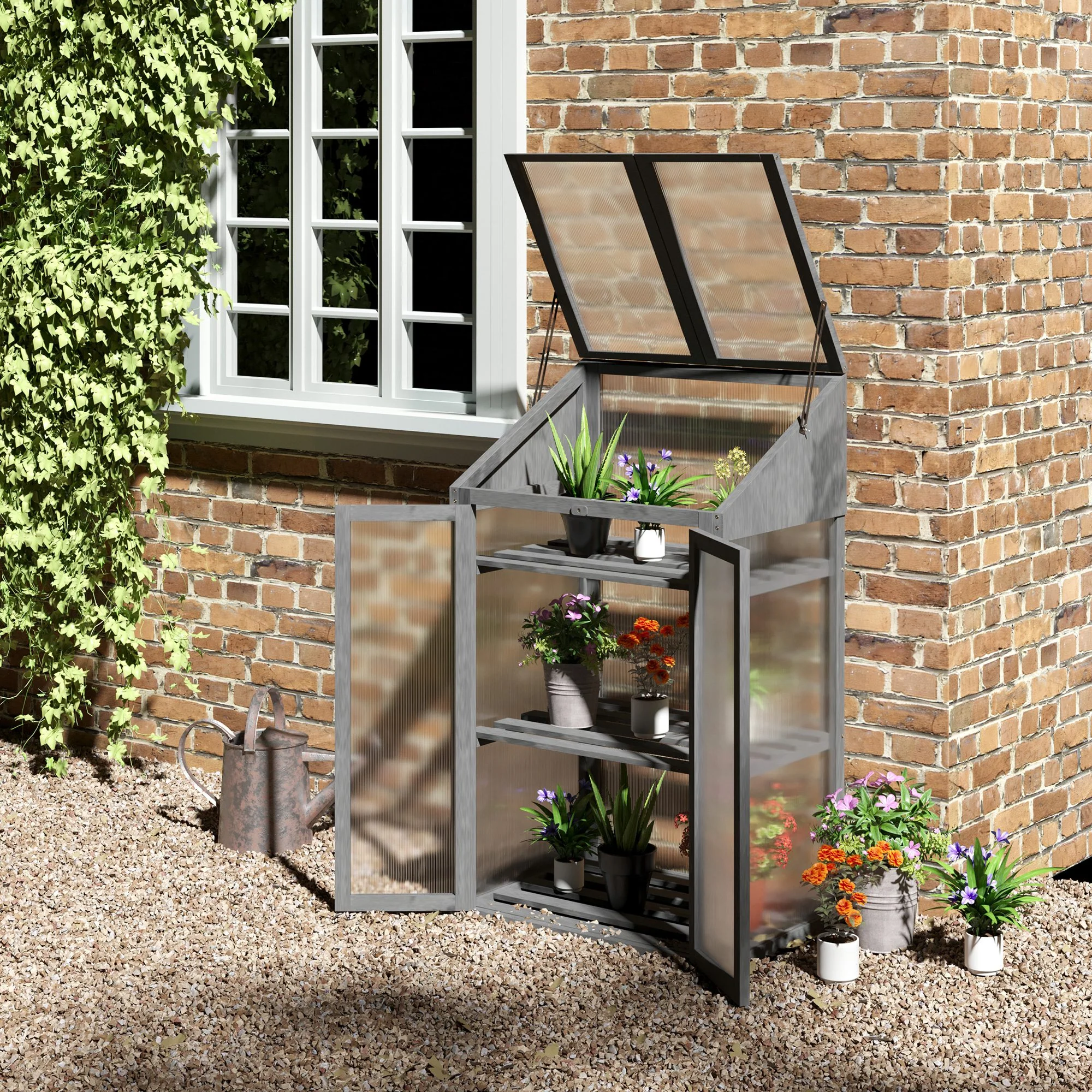 Wooden Cold Frame Polycarbonate Greenhouse w/ Openable Top Cover & Double Door, 70x50 x120cm, Grey - Image 3