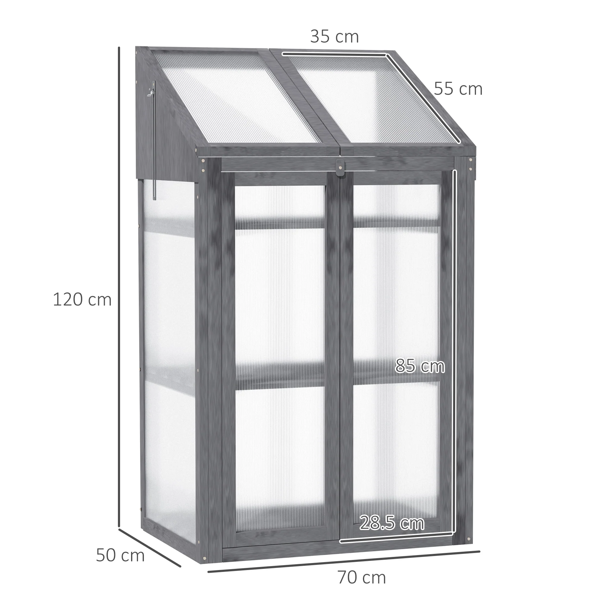 Wooden Cold Frame Polycarbonate Greenhouse w/ Openable Top Cover & Double Door, 70x50 x120cm, Grey - Image 5