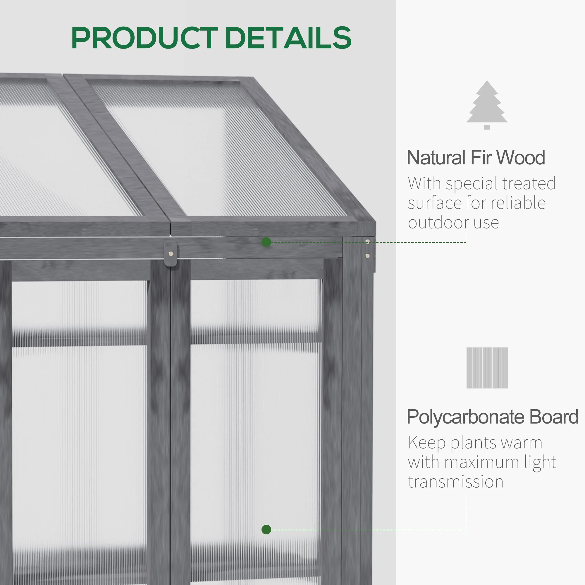 Wooden Cold Frame Polycarbonate Greenhouse w/ Openable Top Cover & Double Door, 70x50 x120cm, Grey - Image 6