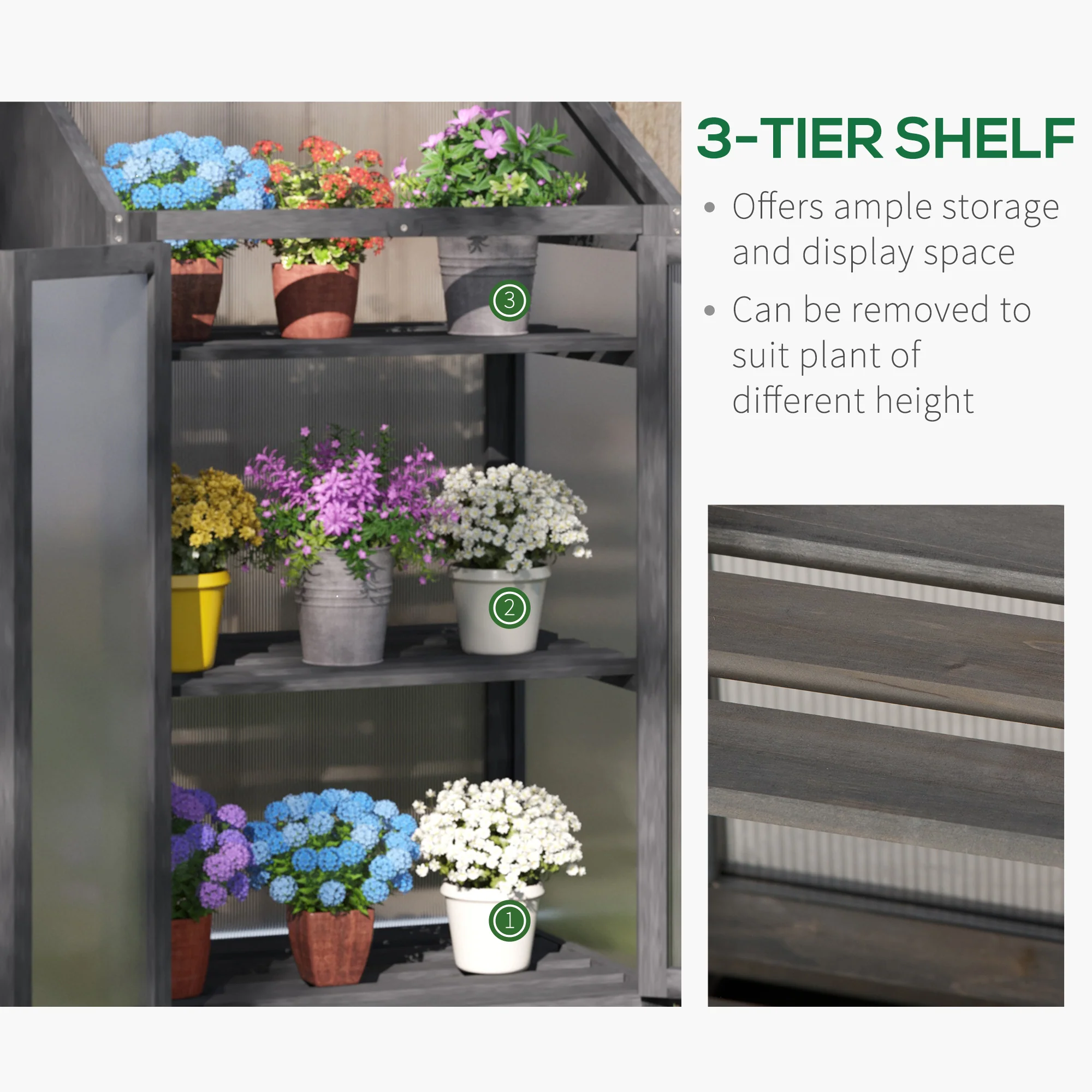 Wooden Cold Frame Polycarbonate Greenhouse w/ Openable Top Cover & Double Door, 70x50 x120cm, Grey - Image 7
