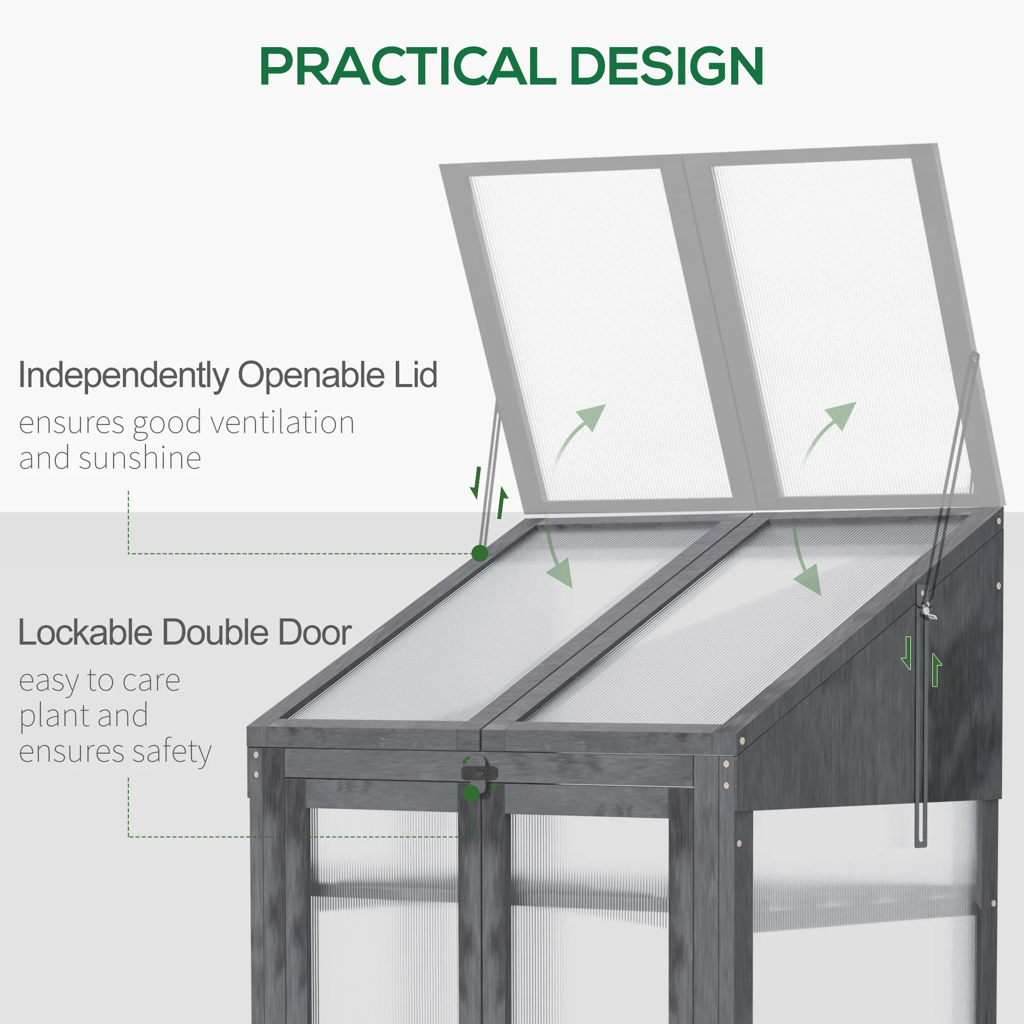 Wooden Cold Frame Polycarbonate Greenhouse w/ Openable Top Cover & Double Door, 70x50 x120cm, Grey - Image 8