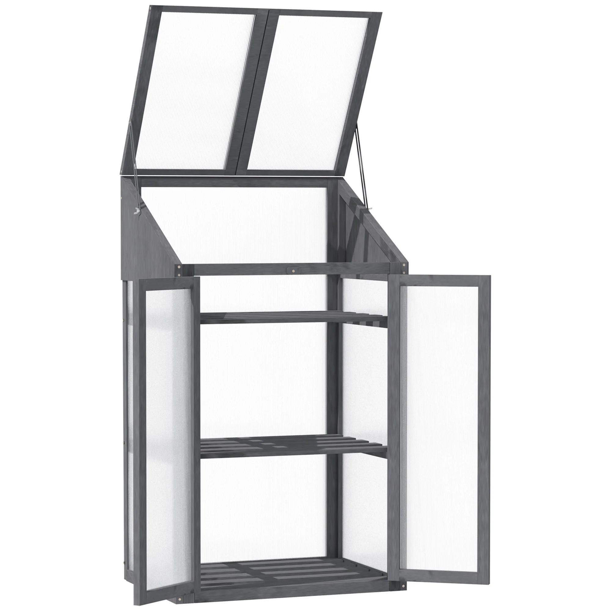 Wooden Cold Frame Polycarbonate Greenhouse w/ Openable Top Cover & Double Door, 70x50 x120cm, Grey - Image 9