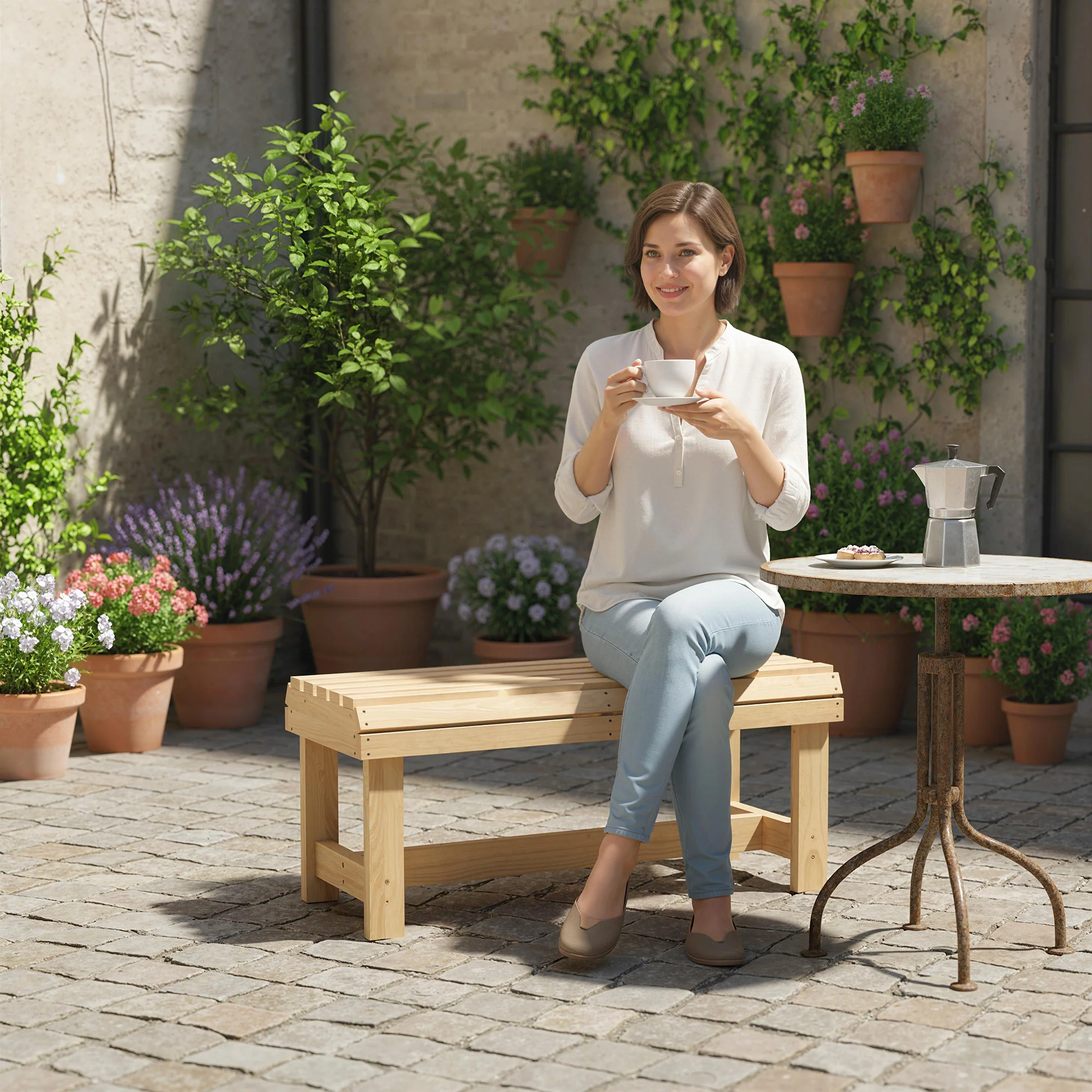 2 Seater Wooden Garden Bench with Curved Slatted Seat, Natural - Image 11