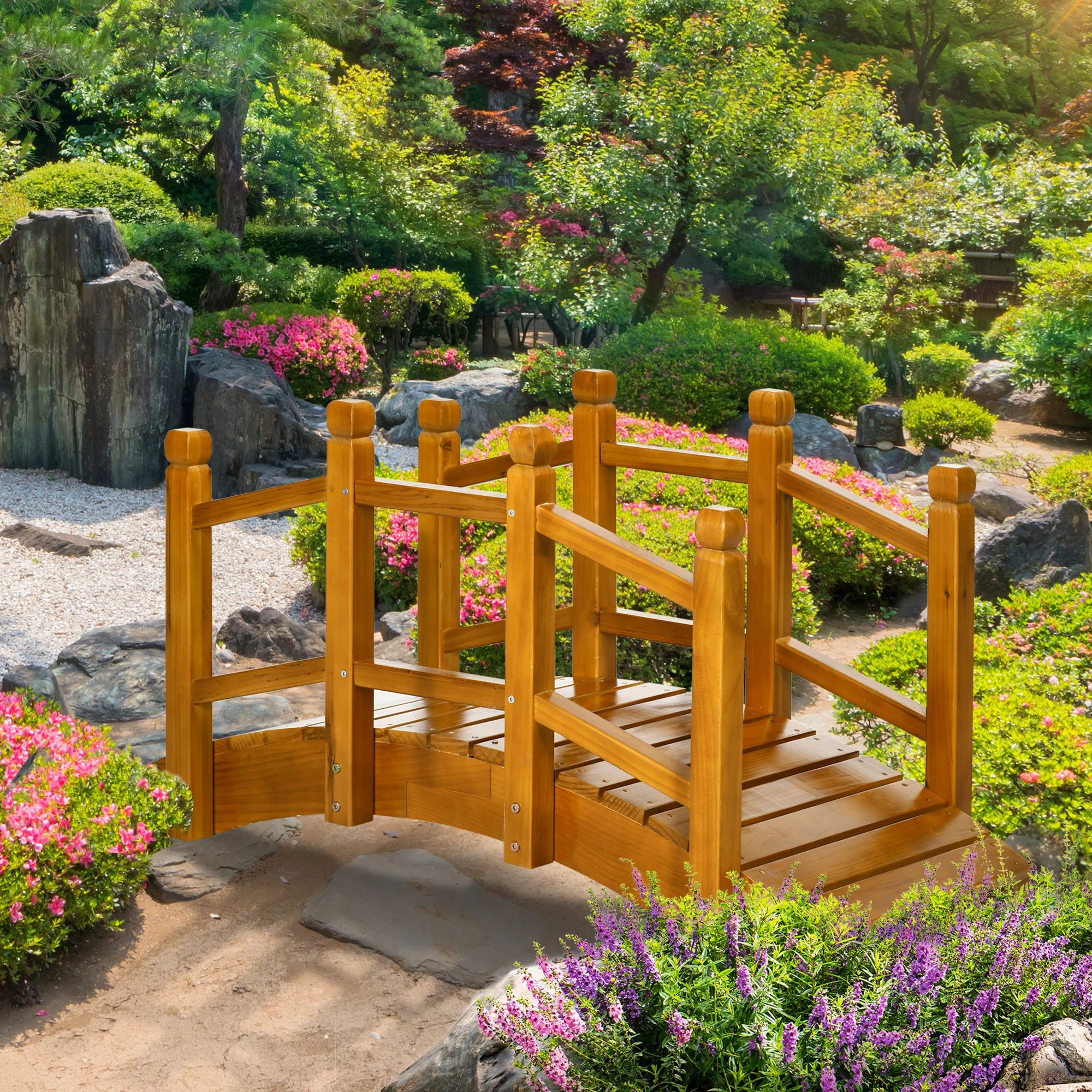 5FT Wooden Garden Bridge with Planters on Handrails, Arc Footbridge for Pond, Backyard Stream, Brown - Image 4