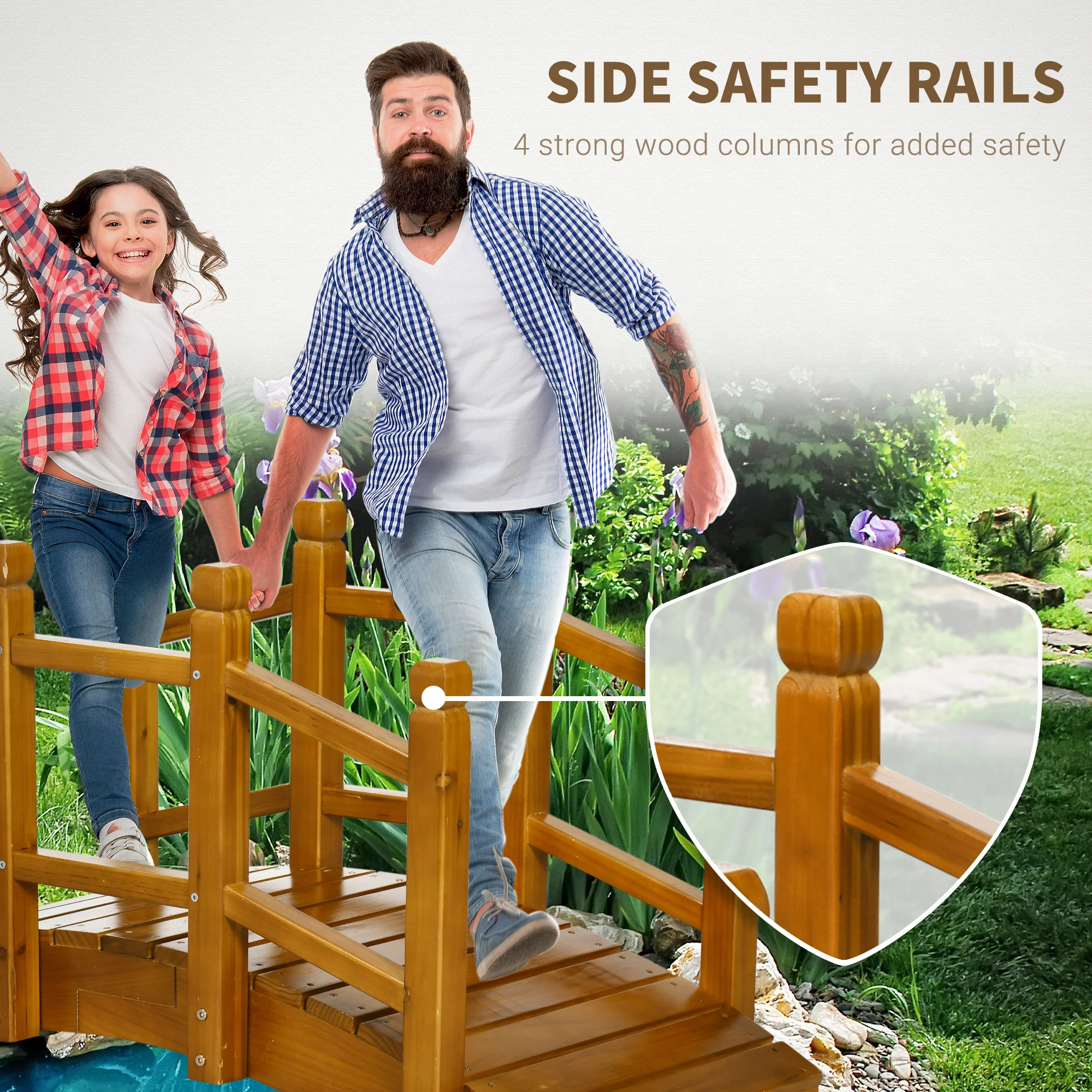 5FT Wooden Garden Bridge with Planters on Handrails, Arc Footbridge for Pond, Backyard Stream, Brown - Image 7