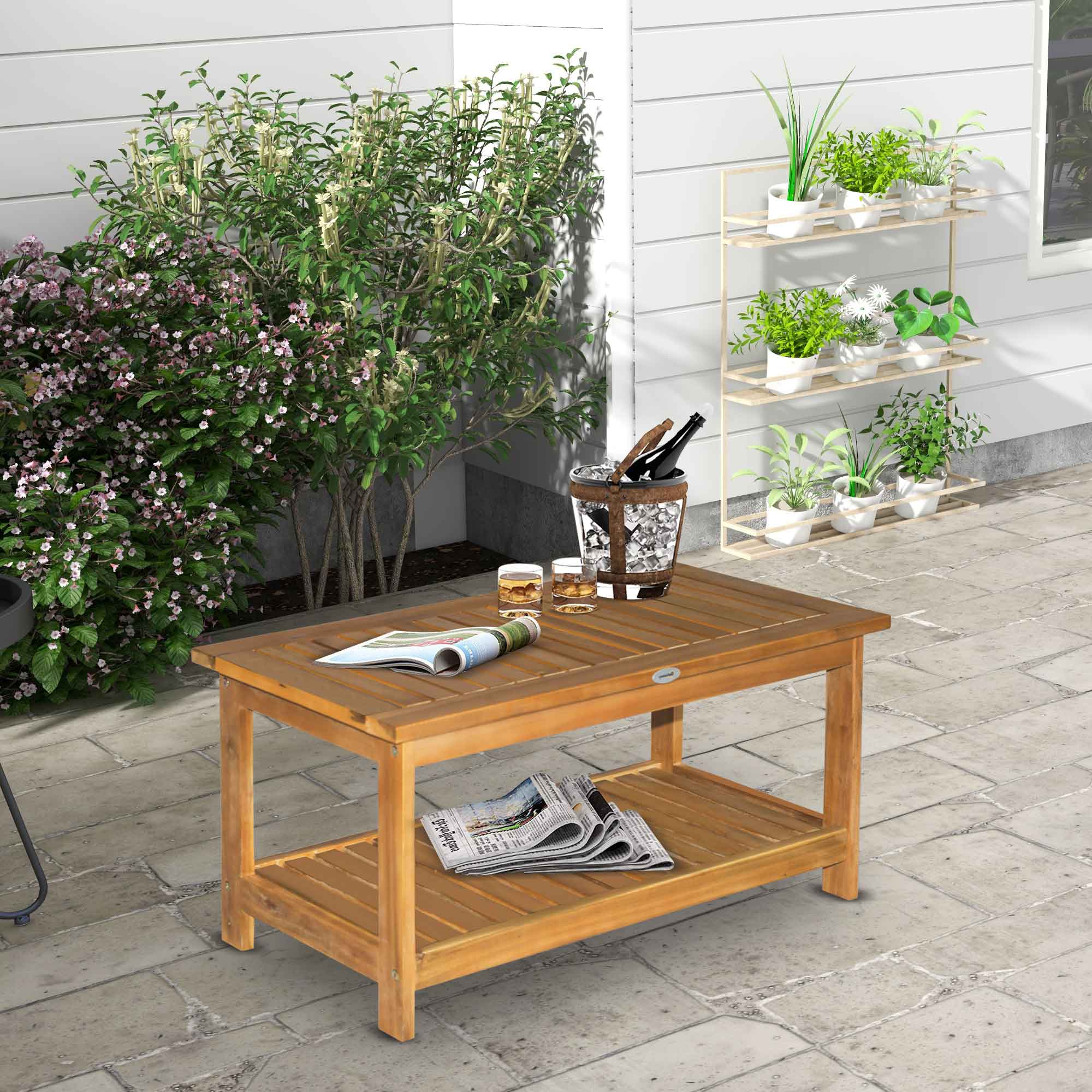 Wooden Side Table with Bottom Storage Shelf for Garden, Patio, 90 x 45 x 43 cm, Teak - Image 3