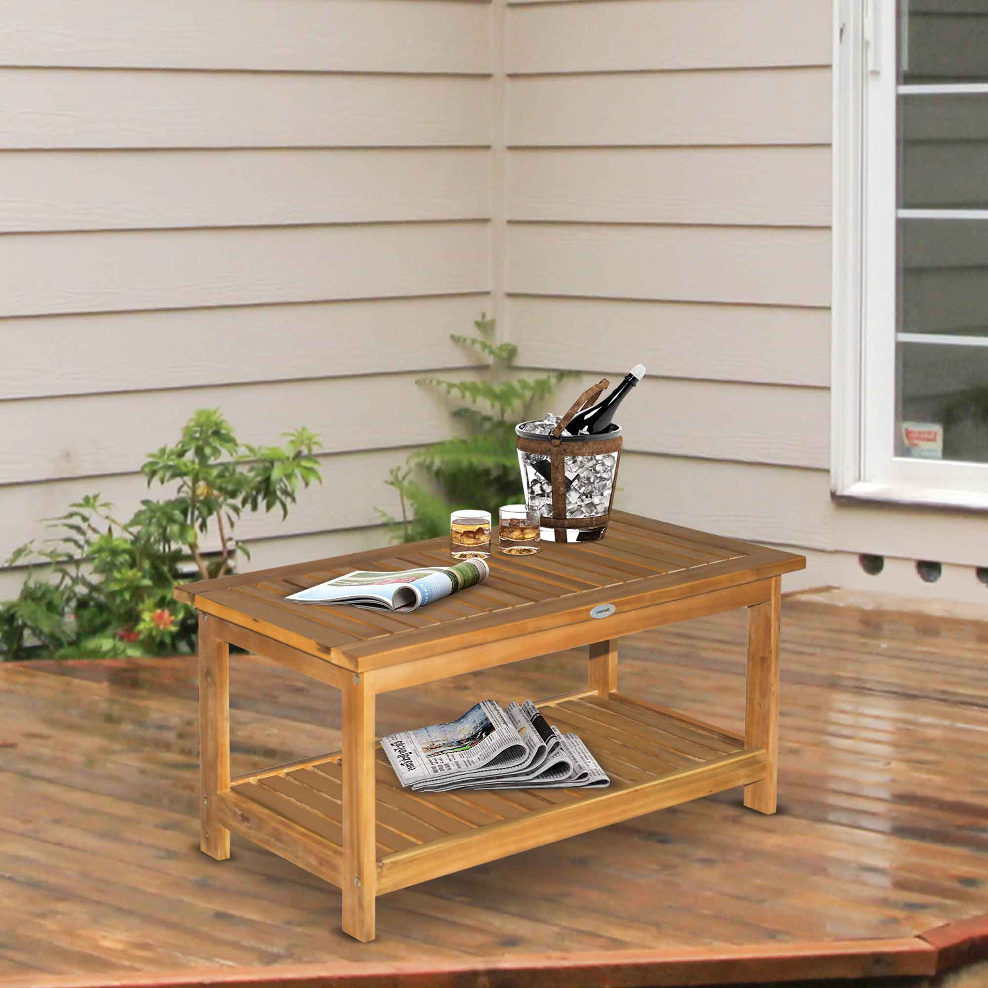 Wooden Side Table with Bottom Storage Shelf for Garden, Patio, 90 x 45 x 43 cm, Teak - Image 4