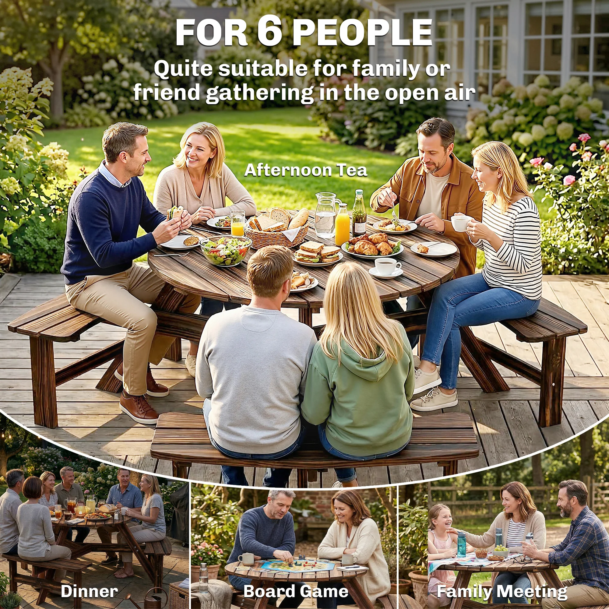 6 Seater Wooden Garden Picnic Table Set with Matching Bench, Carbonized - Image 9