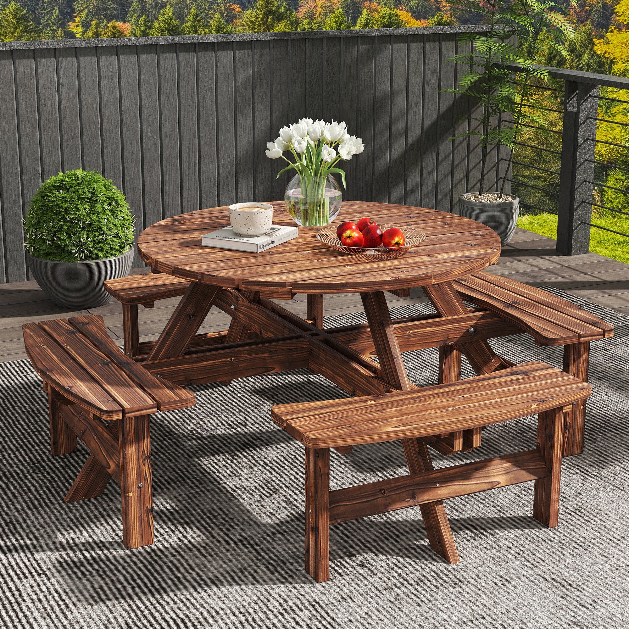 8 Seater Wooden Garden Picnic Table Set with Matching Bench, Tan - Image 10