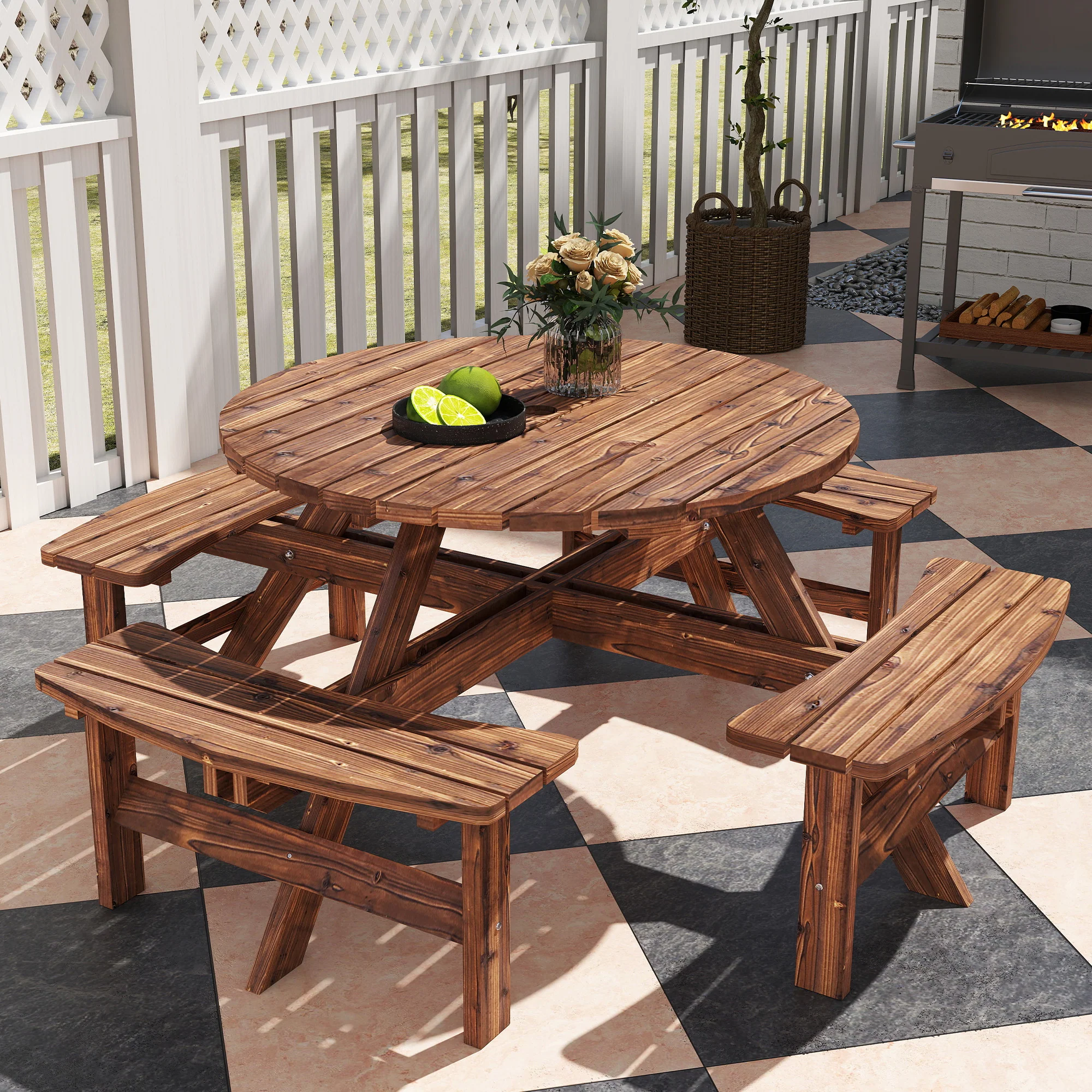 8 Seater Wooden Garden Picnic Table Set with Matching Bench, Tan - Image 11