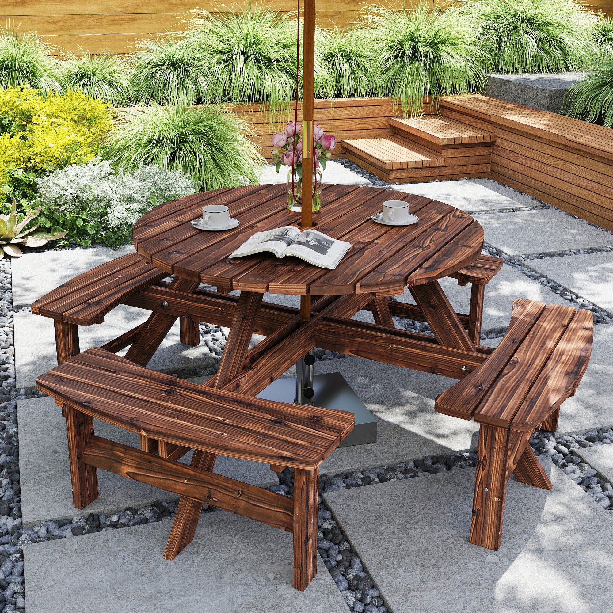 8 Seater Wooden Garden Picnic Table Set with Matching Bench, Tan - Image 3