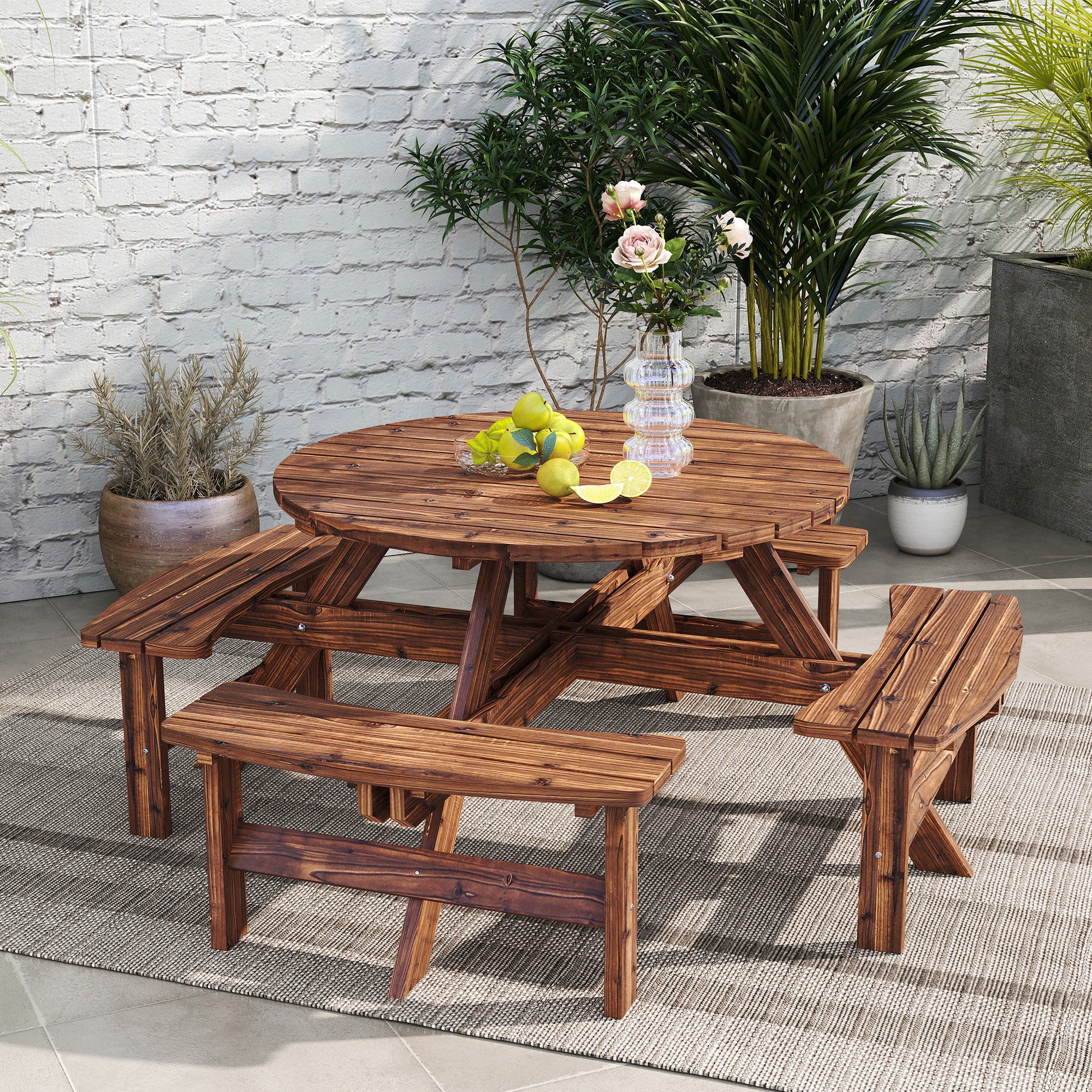 8 Seater Wooden Garden Picnic Table Set with Matching Bench, Tan - Image 4