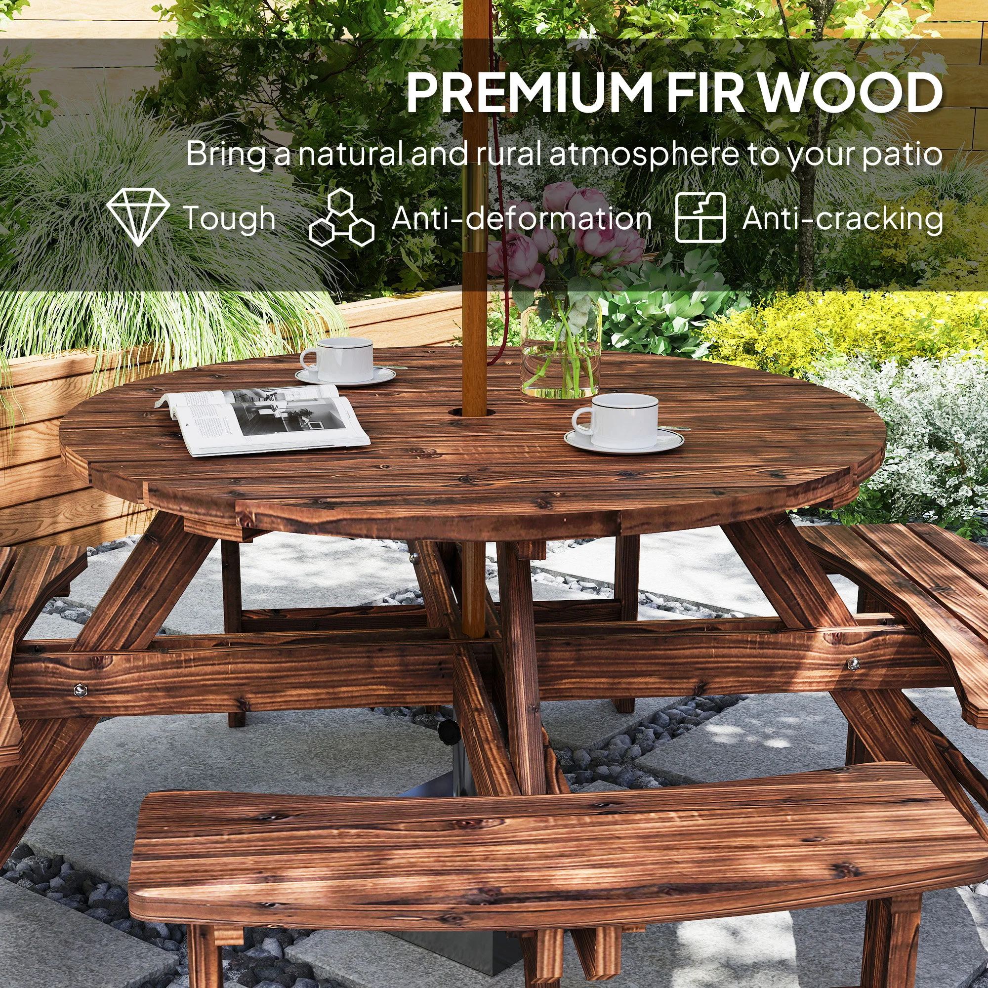 8 Seater Wooden Garden Picnic Table Set with Matching Bench, Tan - Image 7