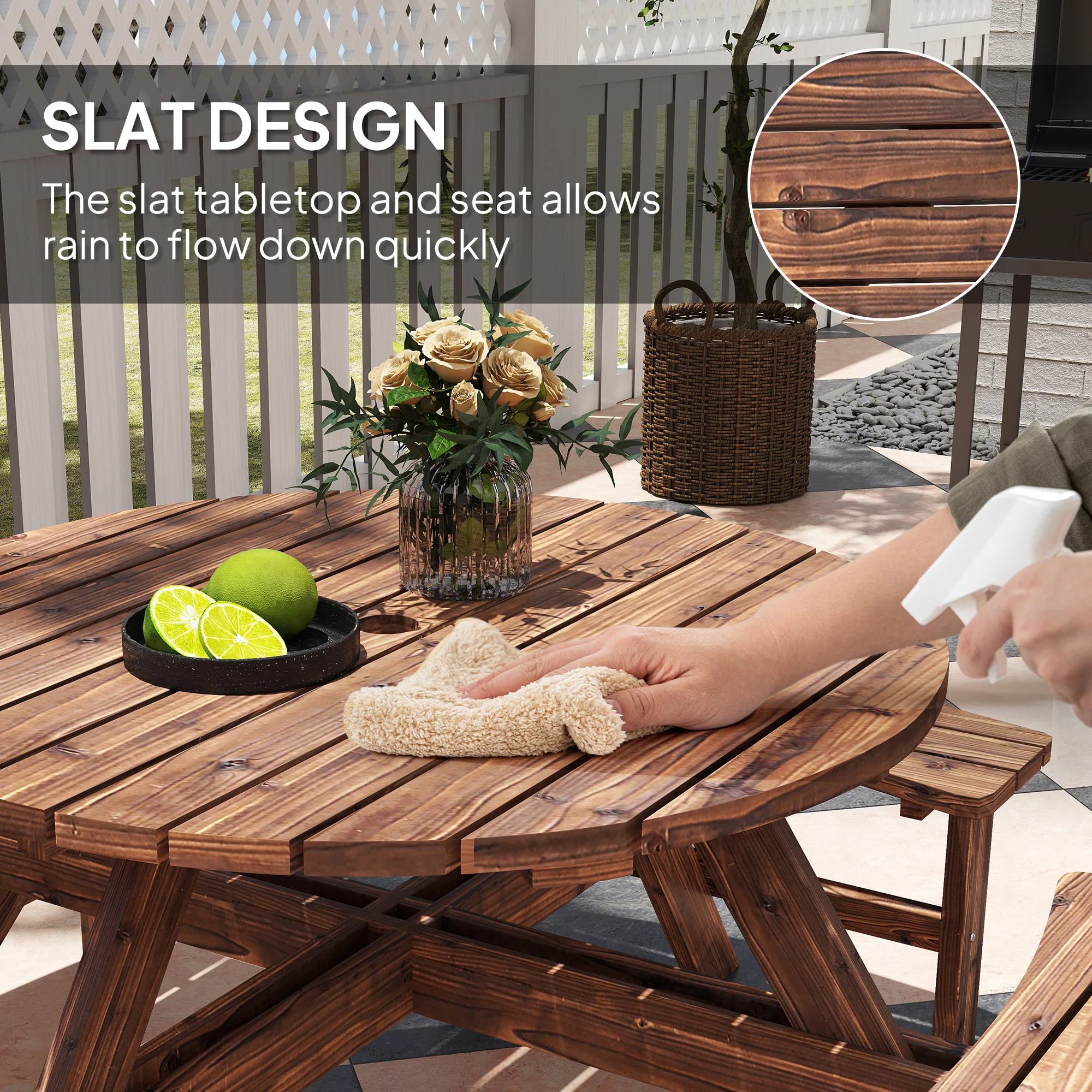 8 Seater Wooden Garden Picnic Table Set with Matching Bench, Tan - Image 8