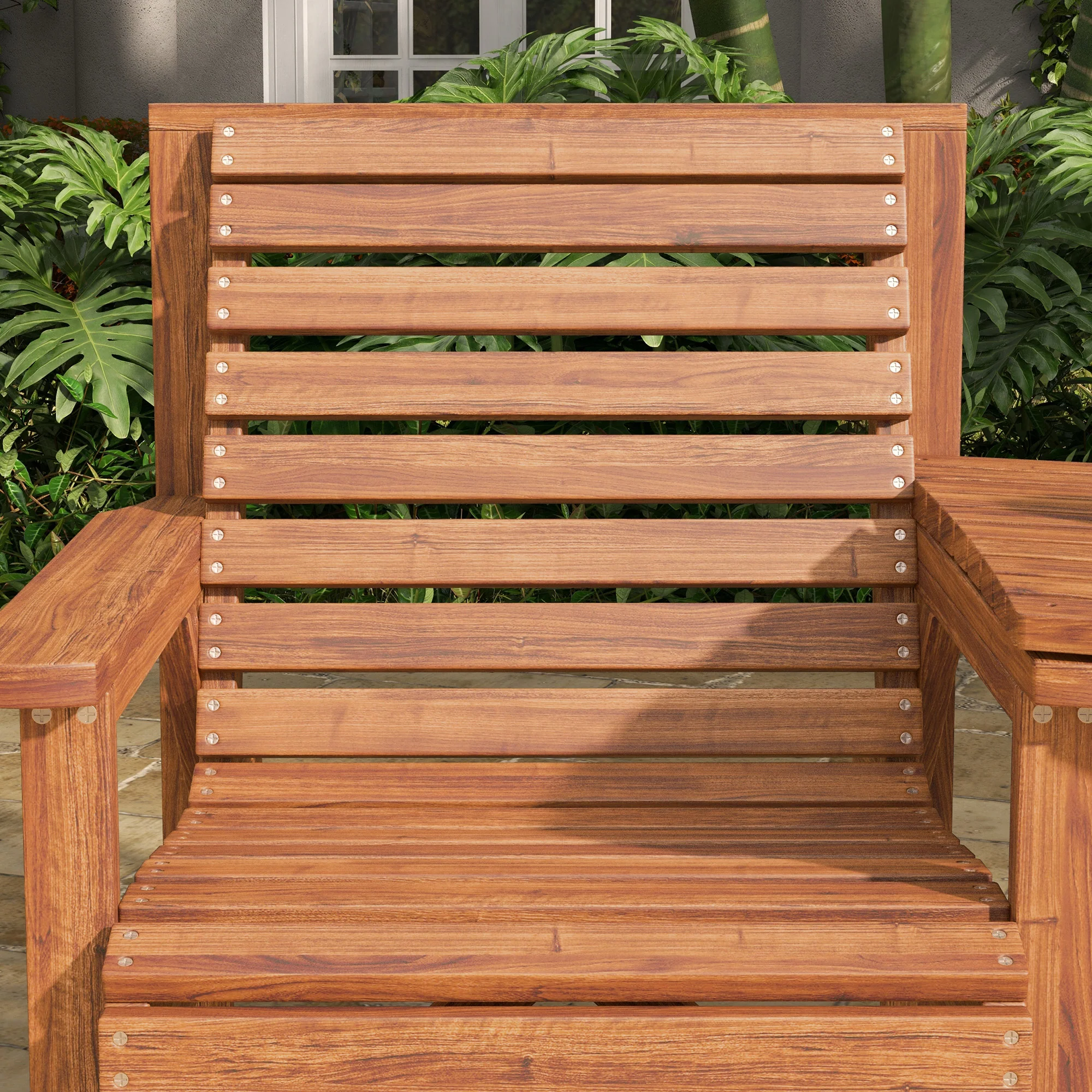 2 Seater Wooden Garden Love Seat with Coffee Table & Parasol Hole for Patio, Tan - Image 10